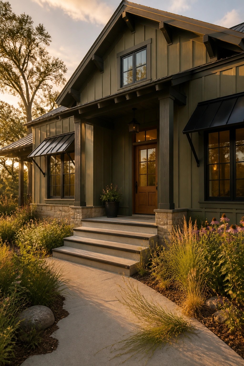A house exterior with muted sage green board and batten siding.