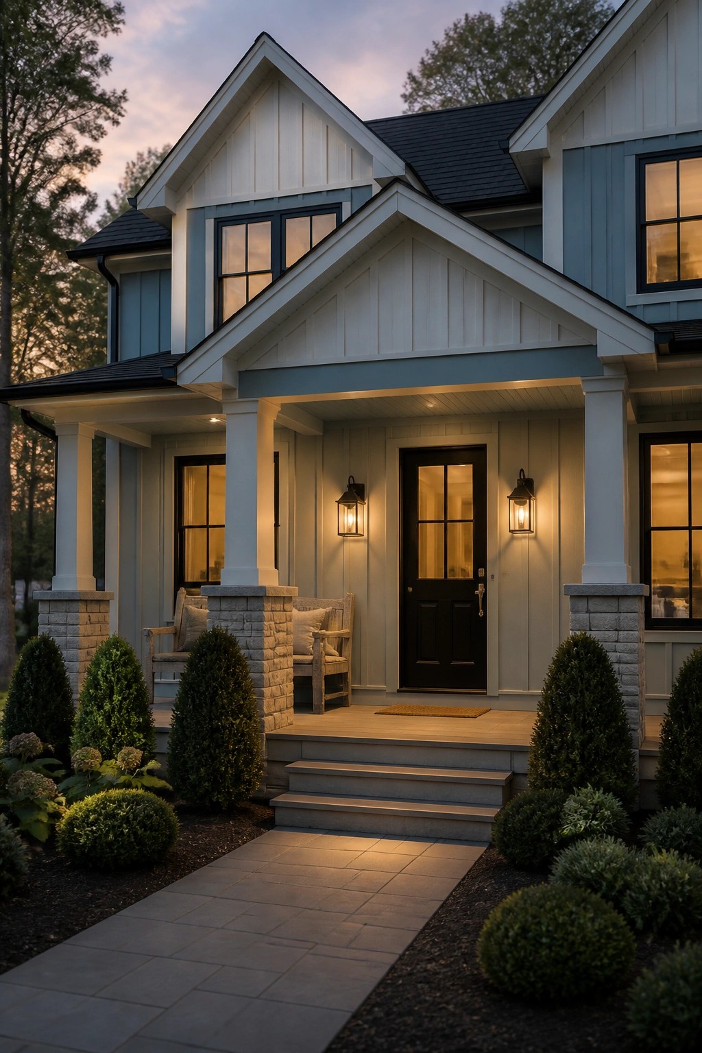 Board and batten siding in a soft blue gray on a modern farmhouse exterior.