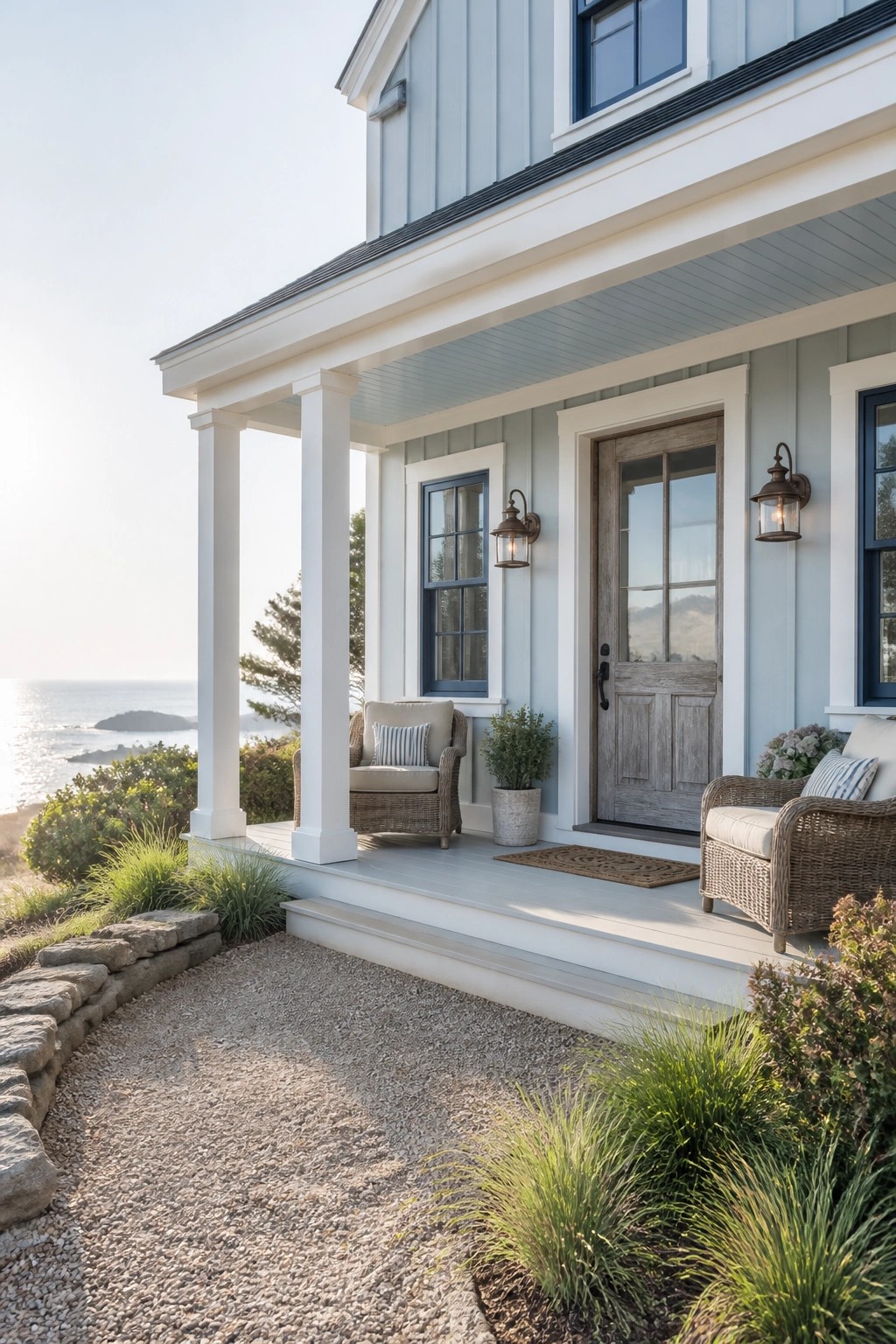 Light blue coastal house porch with wicker chairs overlooking the ocean