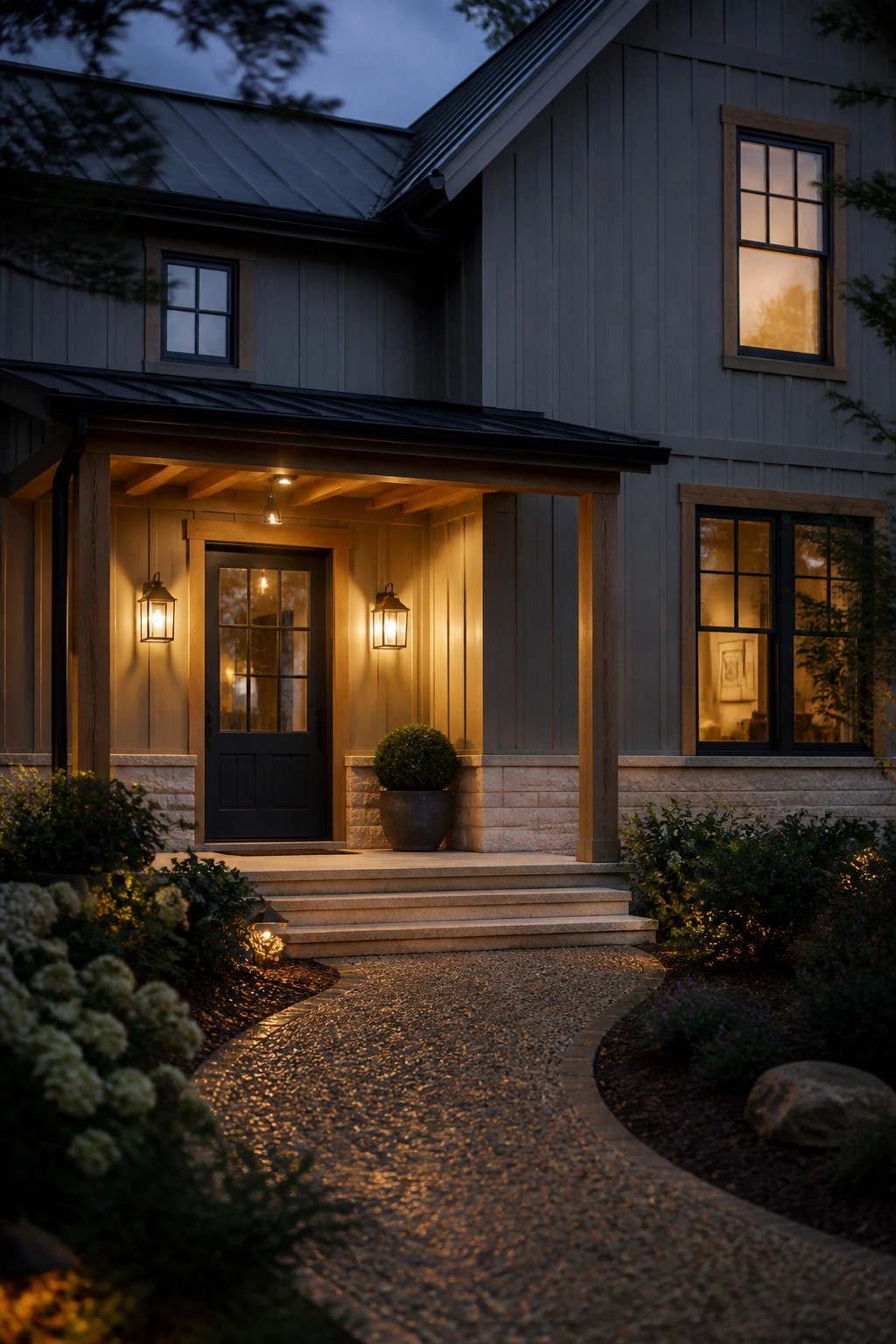 A house exterior with soft gray board and batten siding.