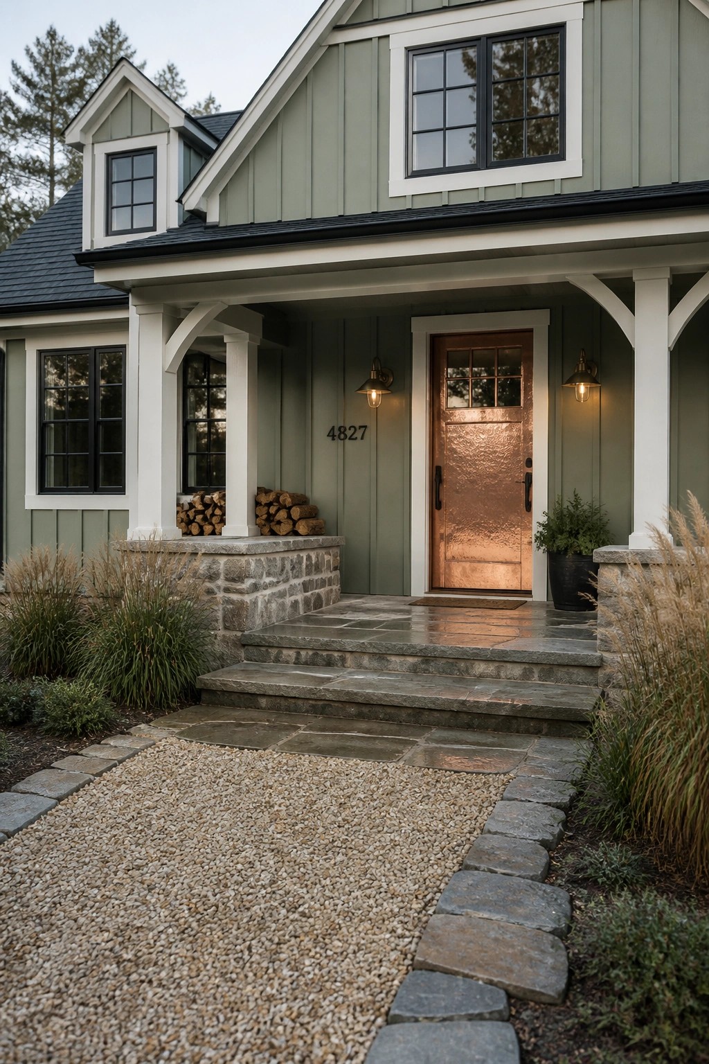 A house exterior with soft sage green board and batten siding.