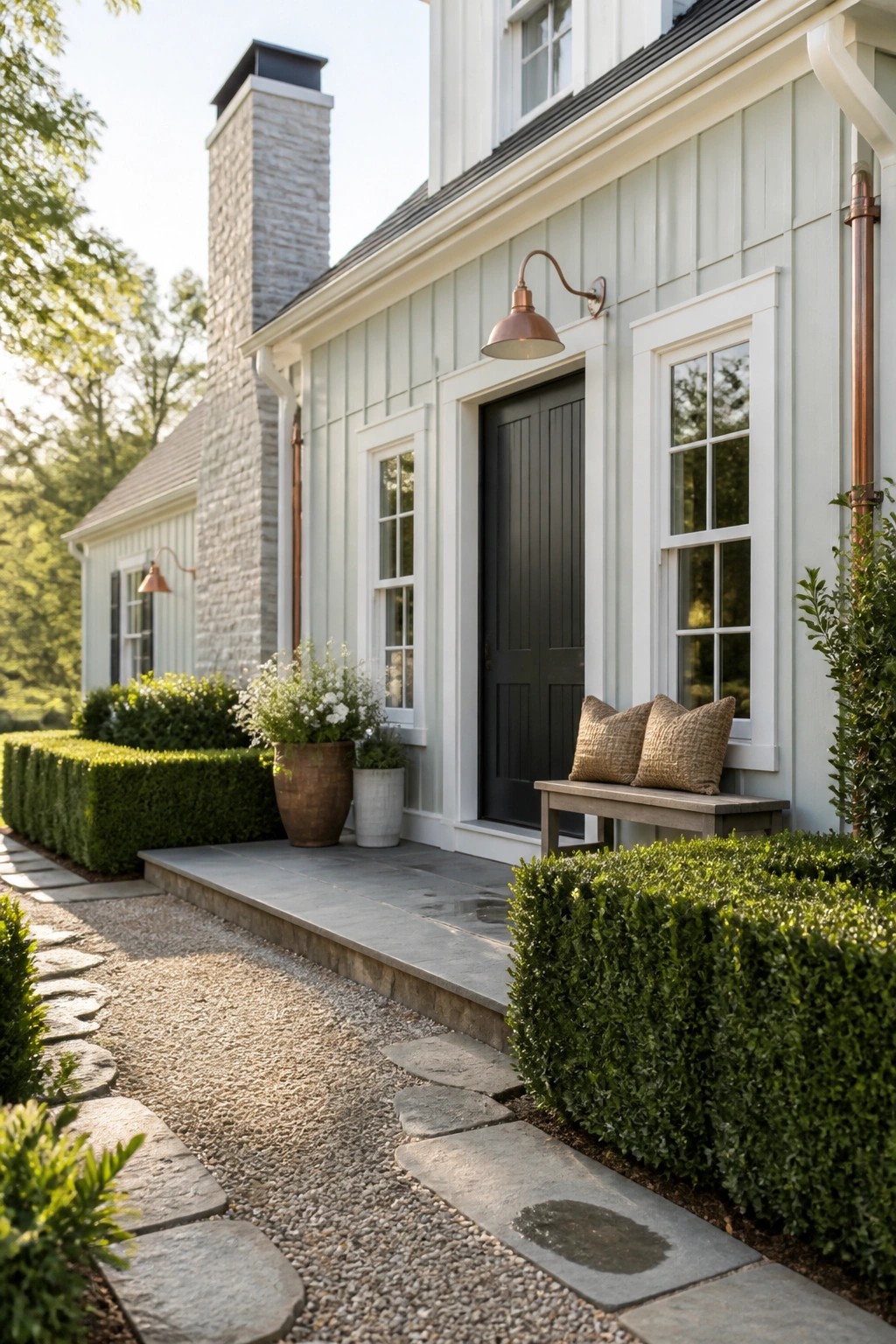 Light sage green board and batten siding on a farmhouse exterior with white trim.