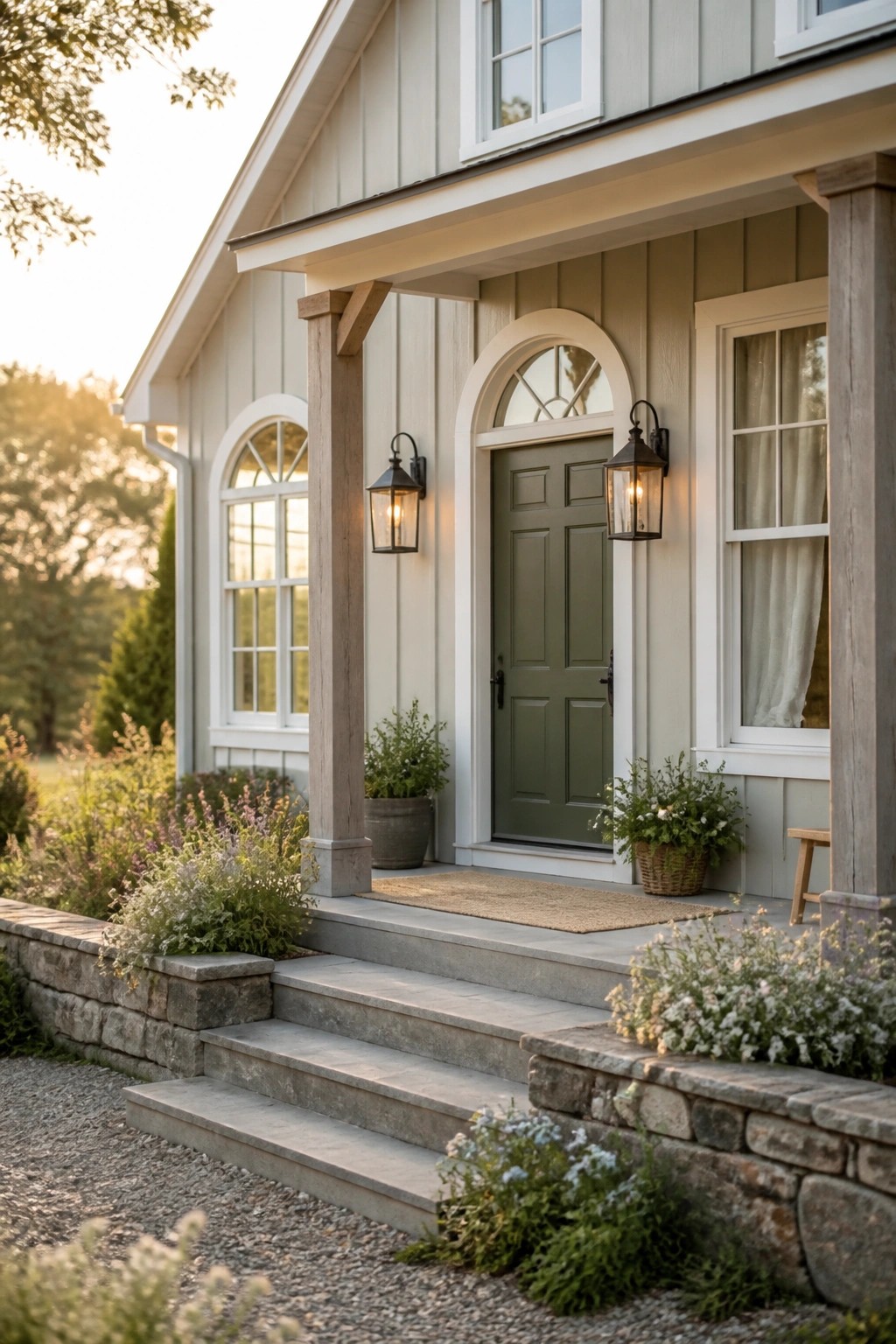 Light sage green board and batten siding on a farmhouse exterior with wood posts.