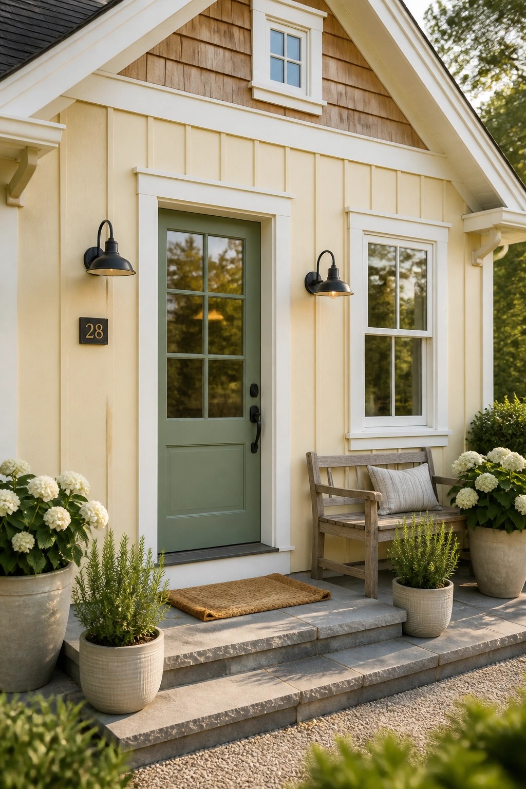 Pale yellow board and batten siding on a house exterior with white trim.
