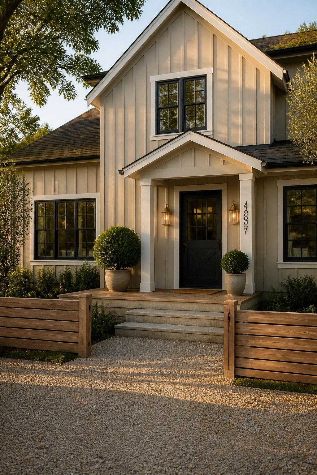 Beige two-story house with black door, porch steps, potted plants, wooden fence.
