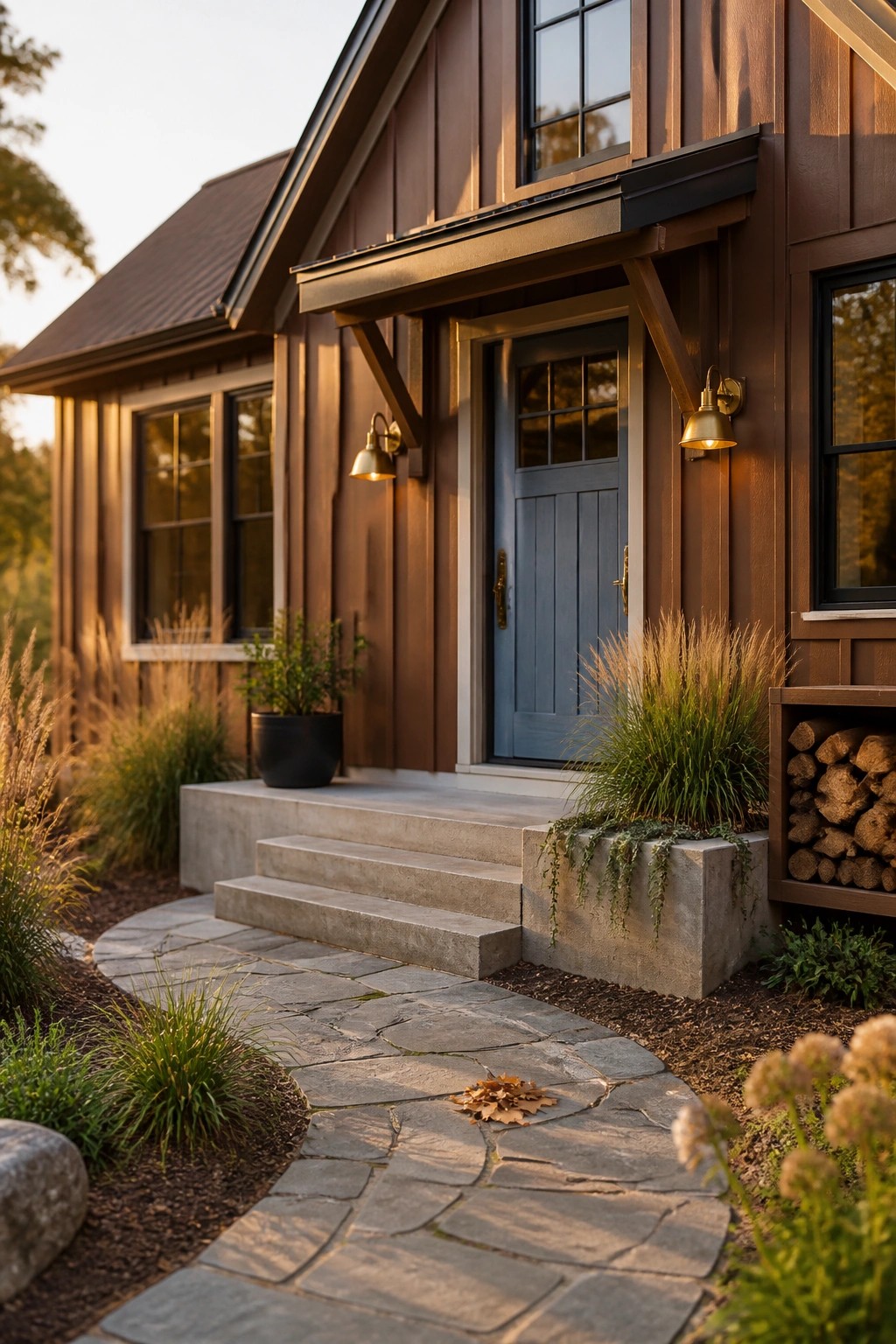 A house exterior with dark brown board and batten siding.
