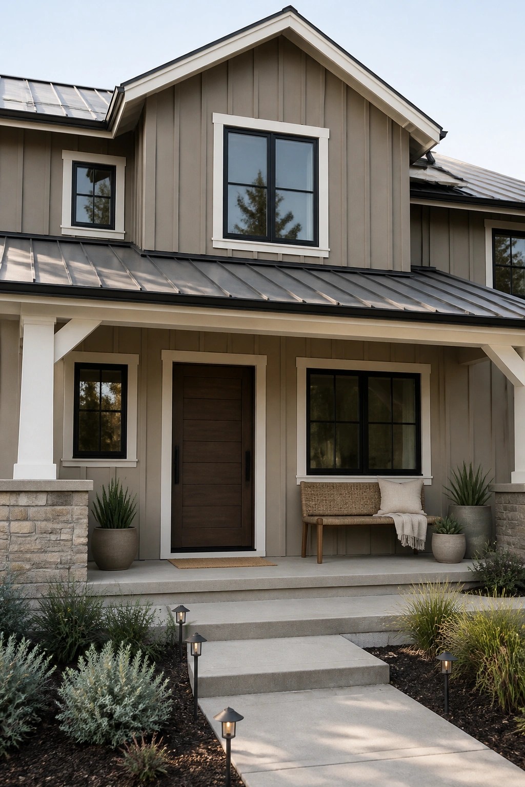 Modern gray house with dark door, porch bench, potted plants, and path lights.