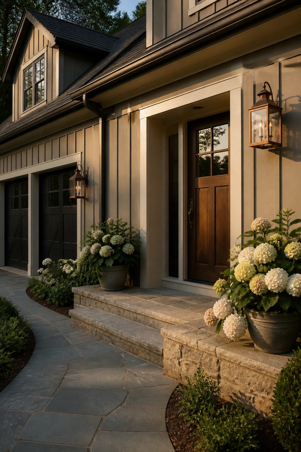 Stone steps lead to wooden door on beige house with potted white hydrangeas and lanterns.