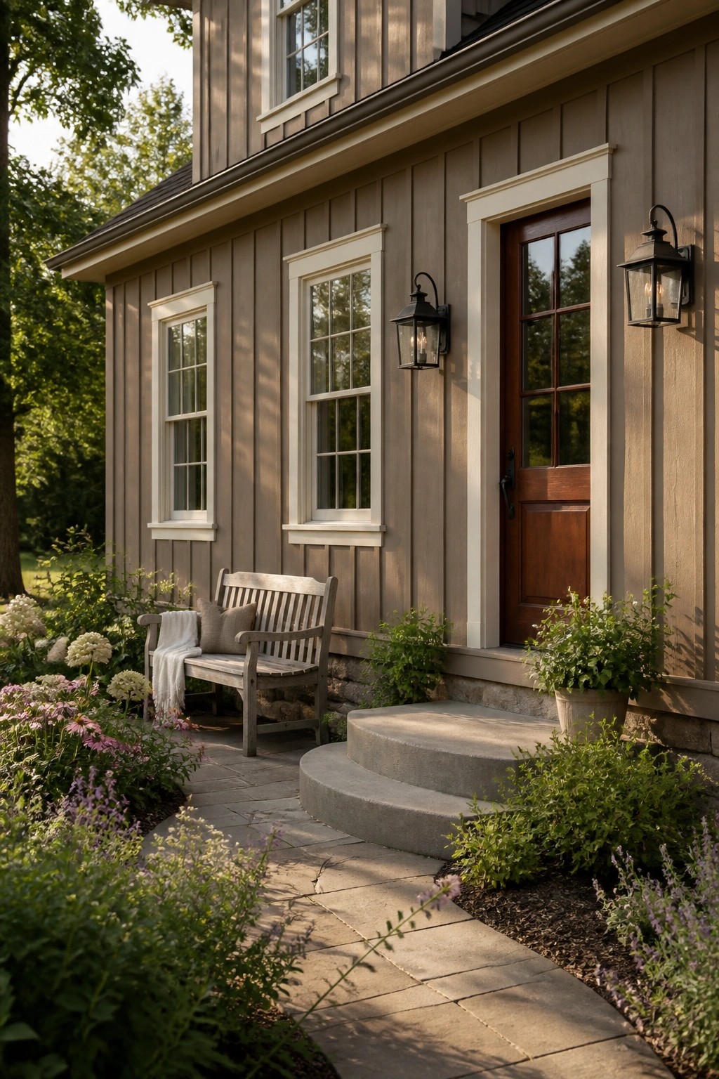 Board and batten siding painted in a warm taupe color on a farmhouse exterior.
