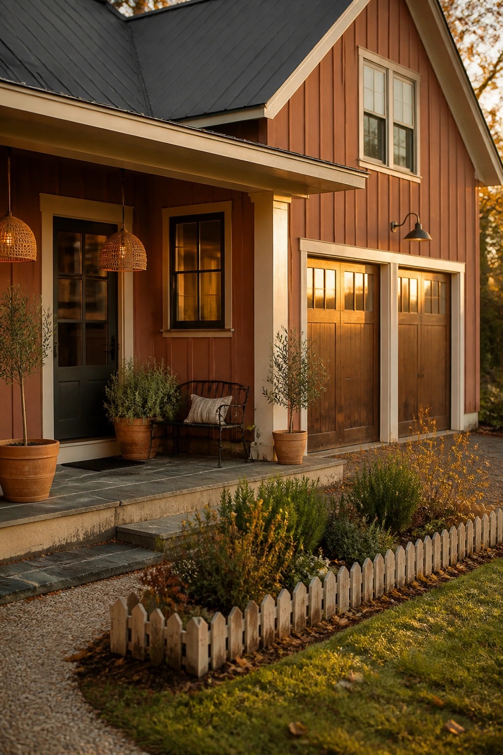 A house with warm terracotta red board and batten siding and a gravel path.
