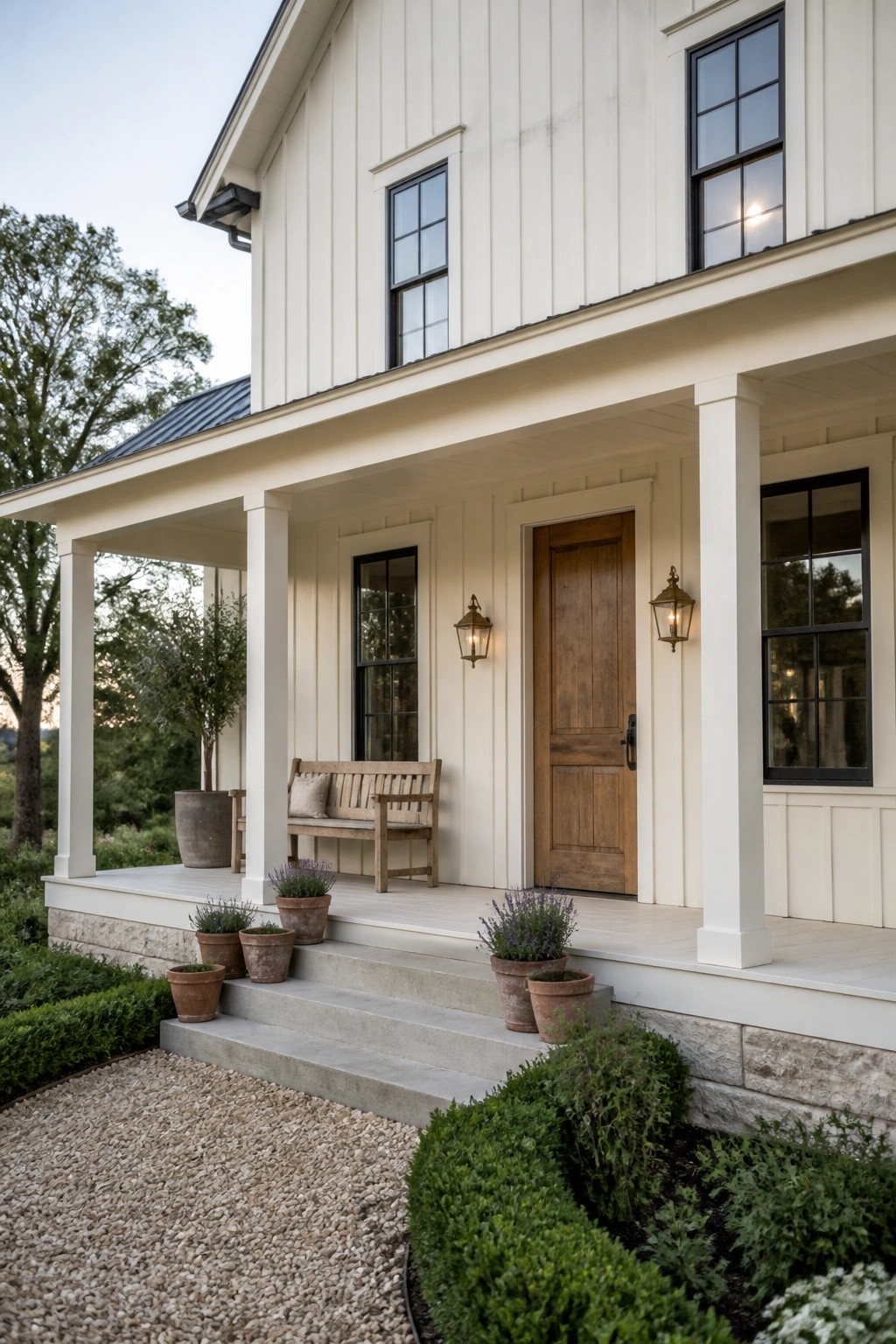 Board and batten siding painted in a warm off-white color on a farmhouse exterior.