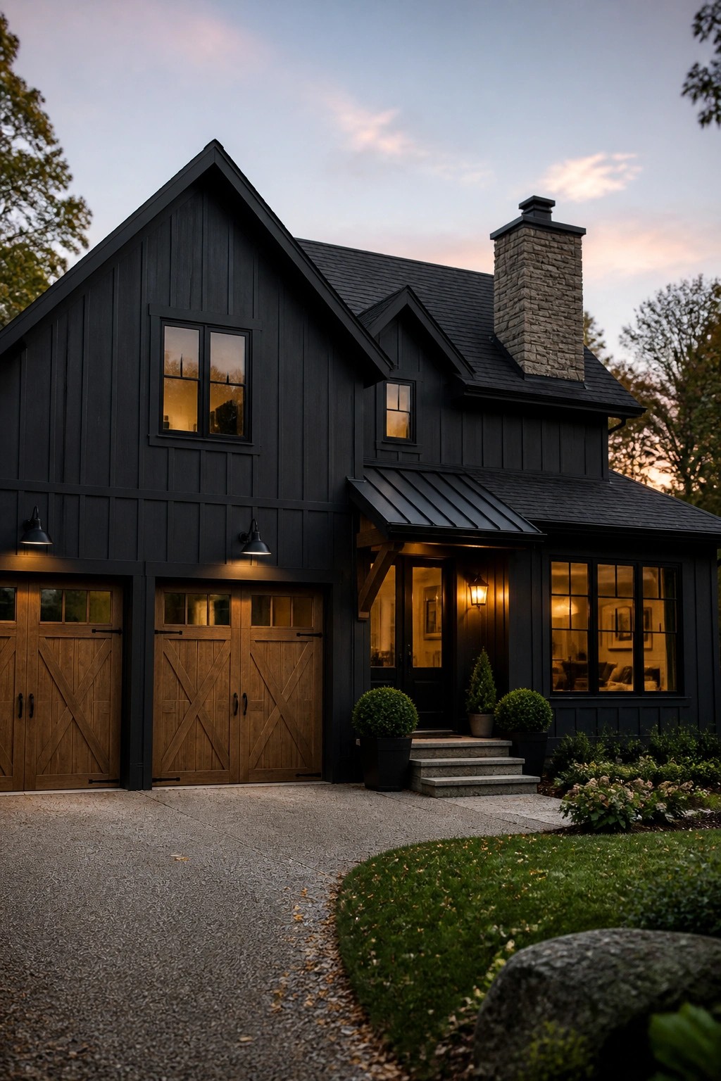 Modern dark wooden house with barn-style garages, stone chimney, and glowing windows at dusk