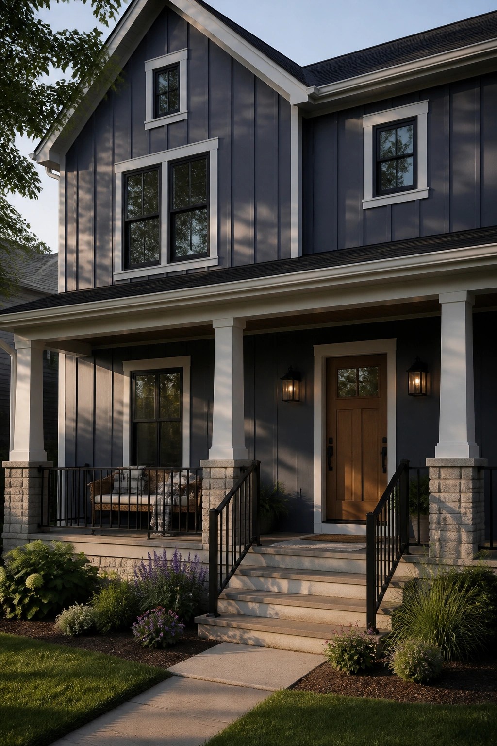 Dark blue gray siding on a modern farmhouse exterior with white trim.