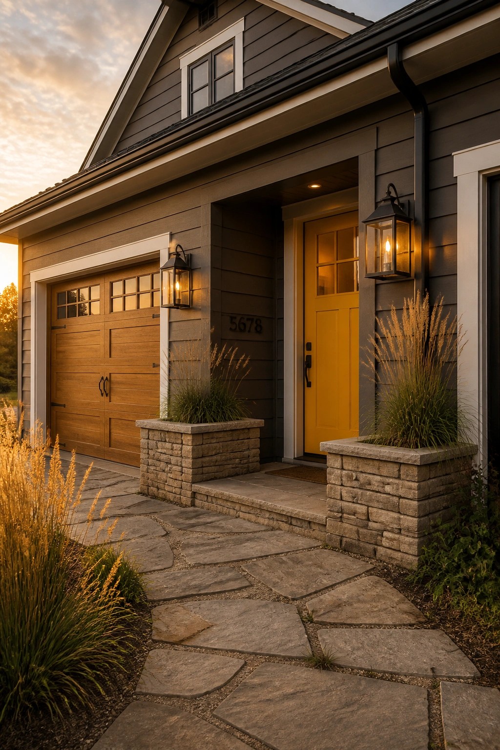 Flagstone path leads to yellow door on dark house with glowing lanterns.