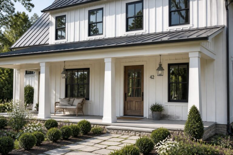 White farmhouse porch with wooden door, lanterns, wicker bench, potted plants, and stone path.