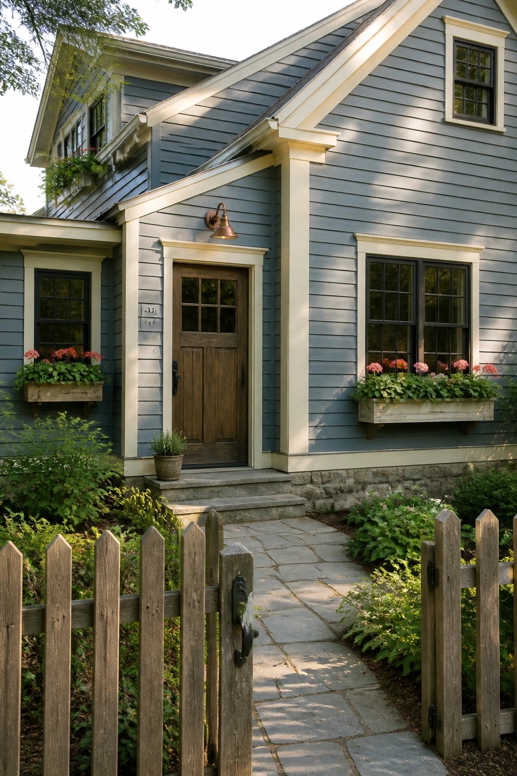 Gray-blue house with wooden door, pink flower boxes, stone path, and fence