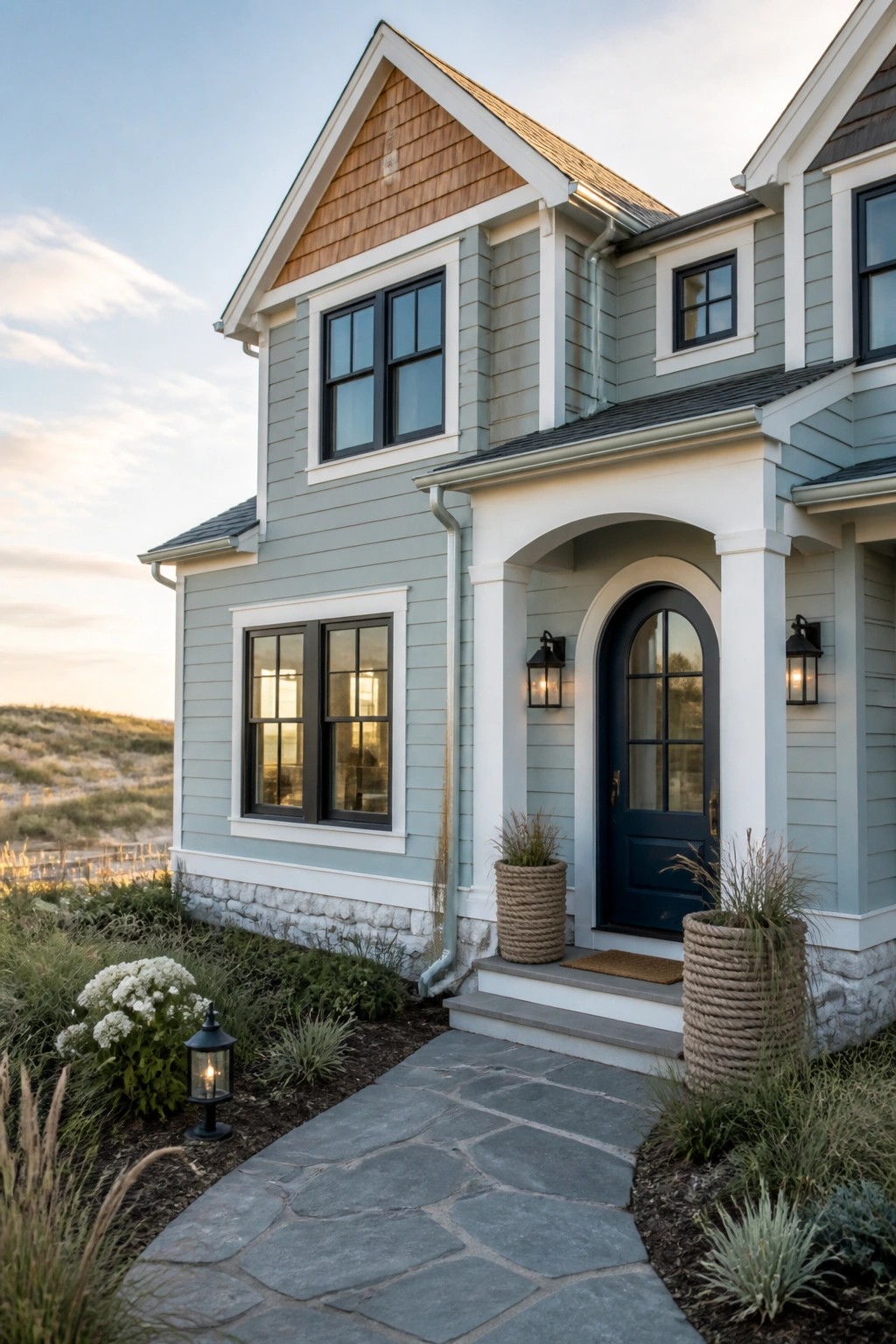 A modern farmhouse exterior with soft blue gray siding and white trim.