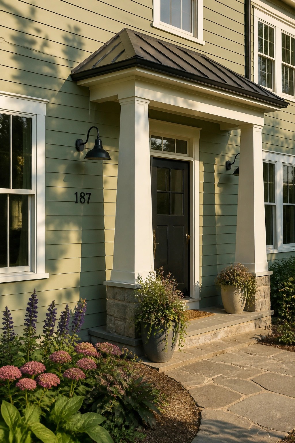 Green house entrance with black door, white columns, potted plants, and flower garden