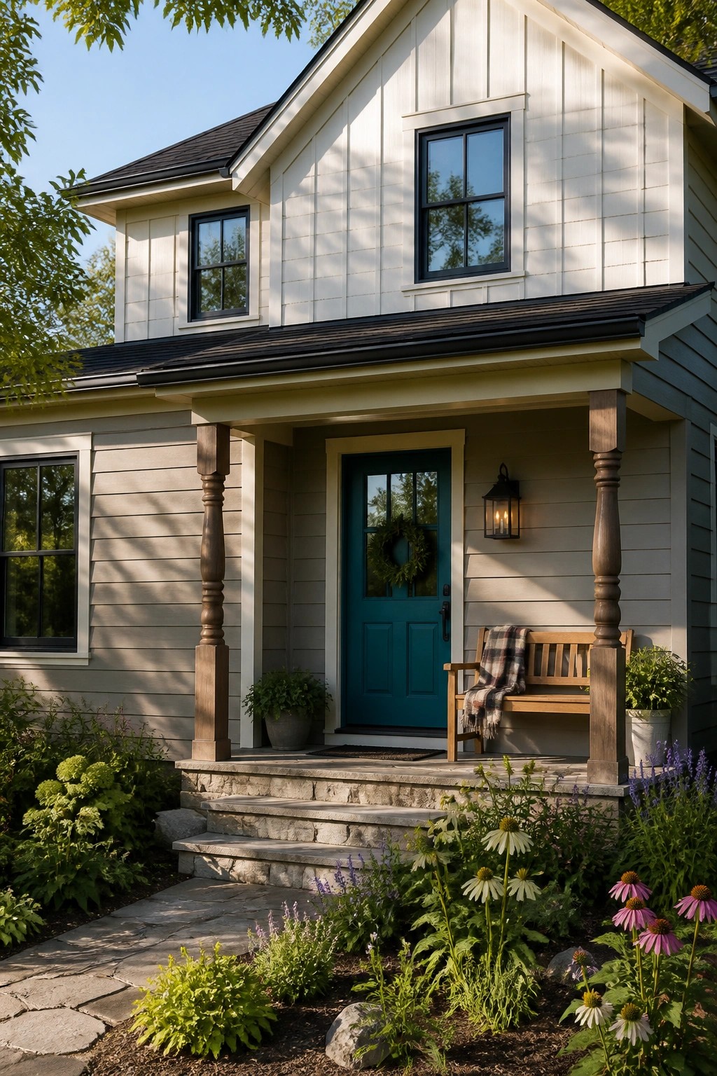 Modern farmhouse exterior with soft greige siding.