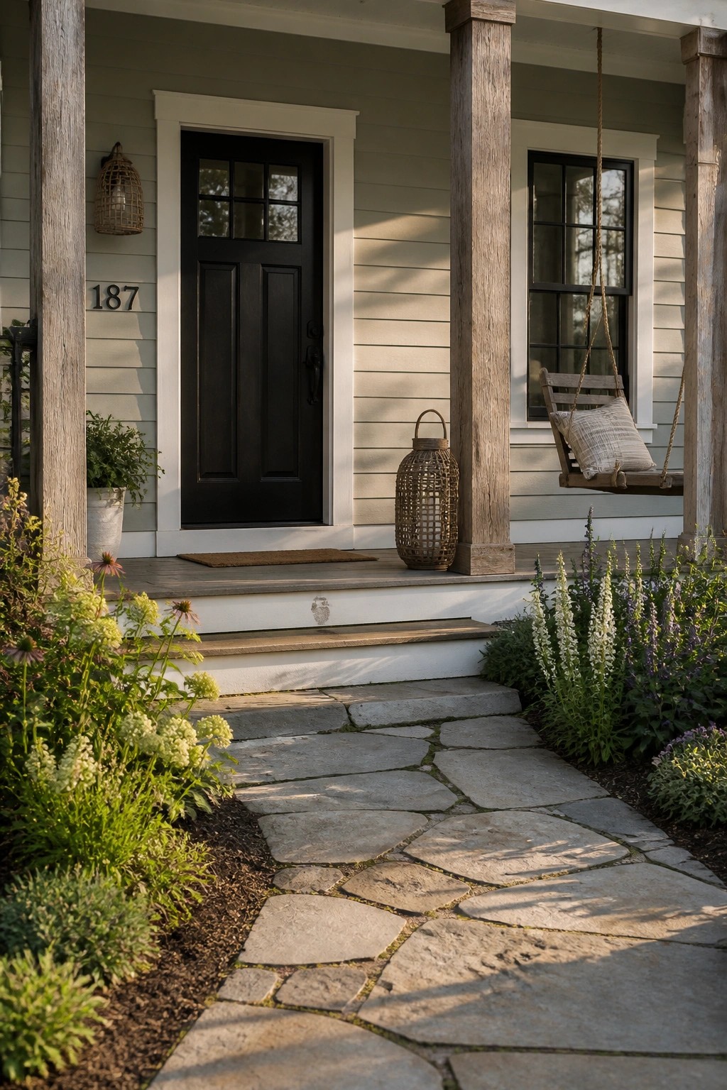 Light greige siding on a modern farmhouse exterior with wood posts and a stone walkway.