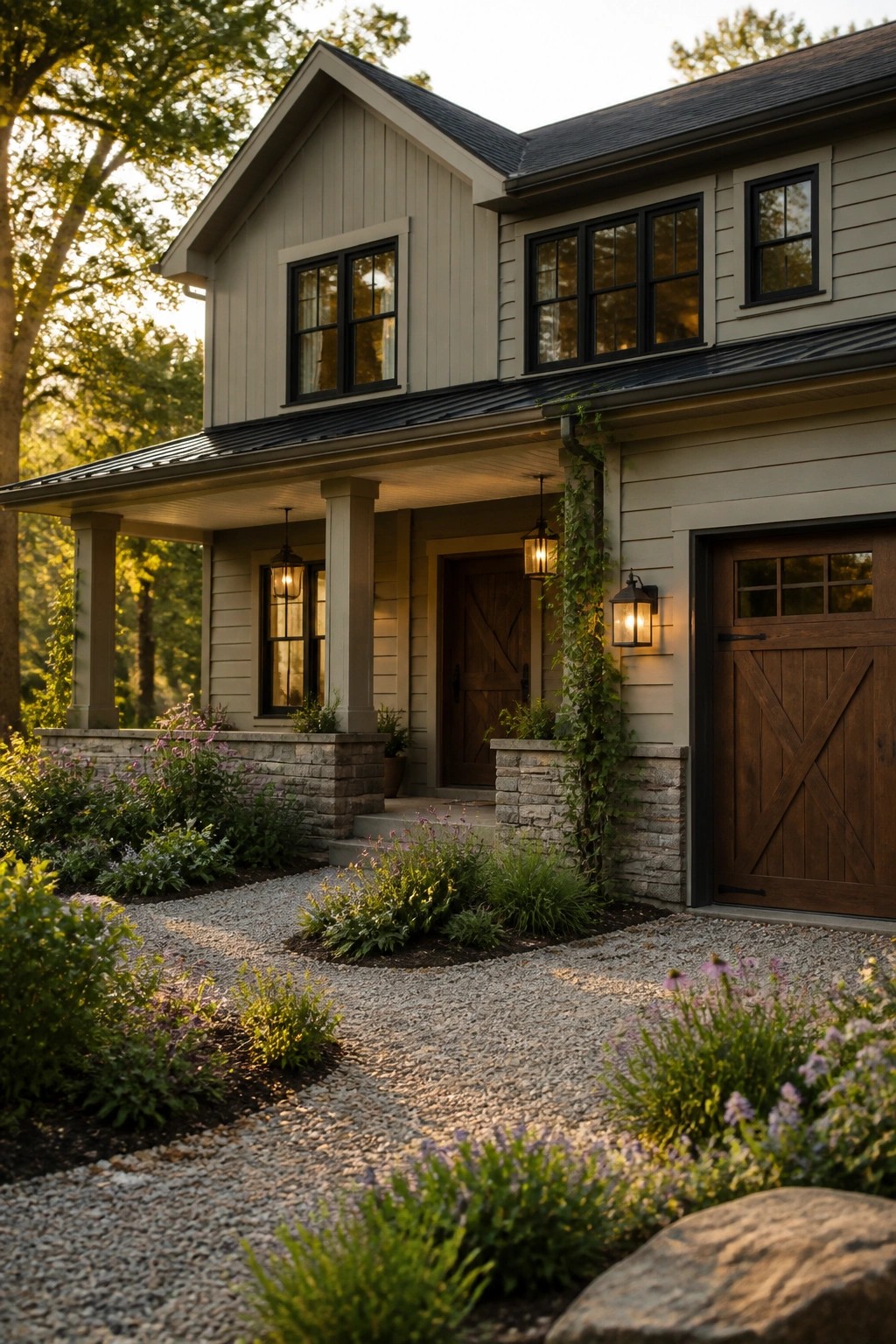 Light greige siding on a modern farmhouse exterior with dark trim and wood accents.