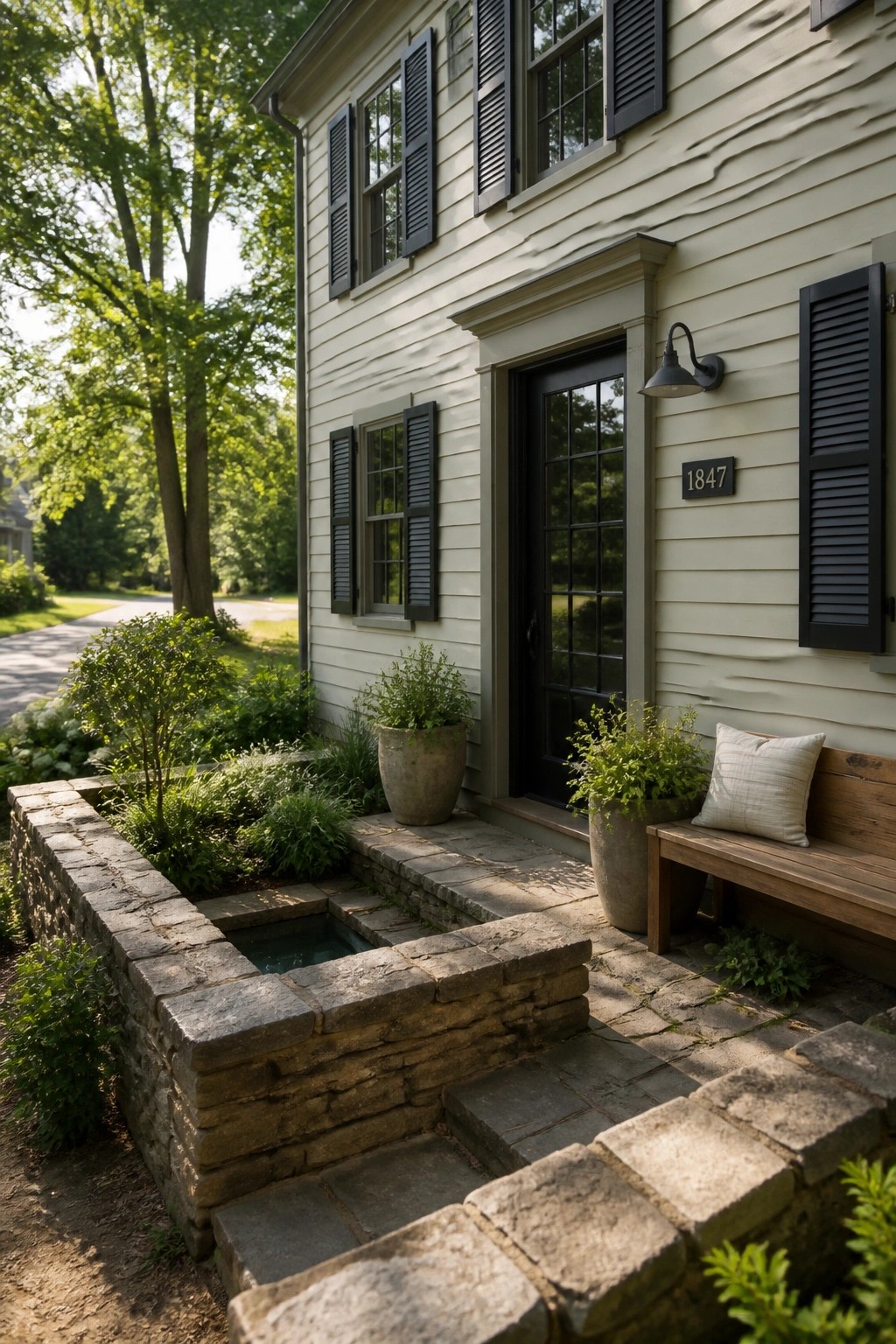 The exterior of a house painted in soft sage green siding with black trim and a stone foundation.