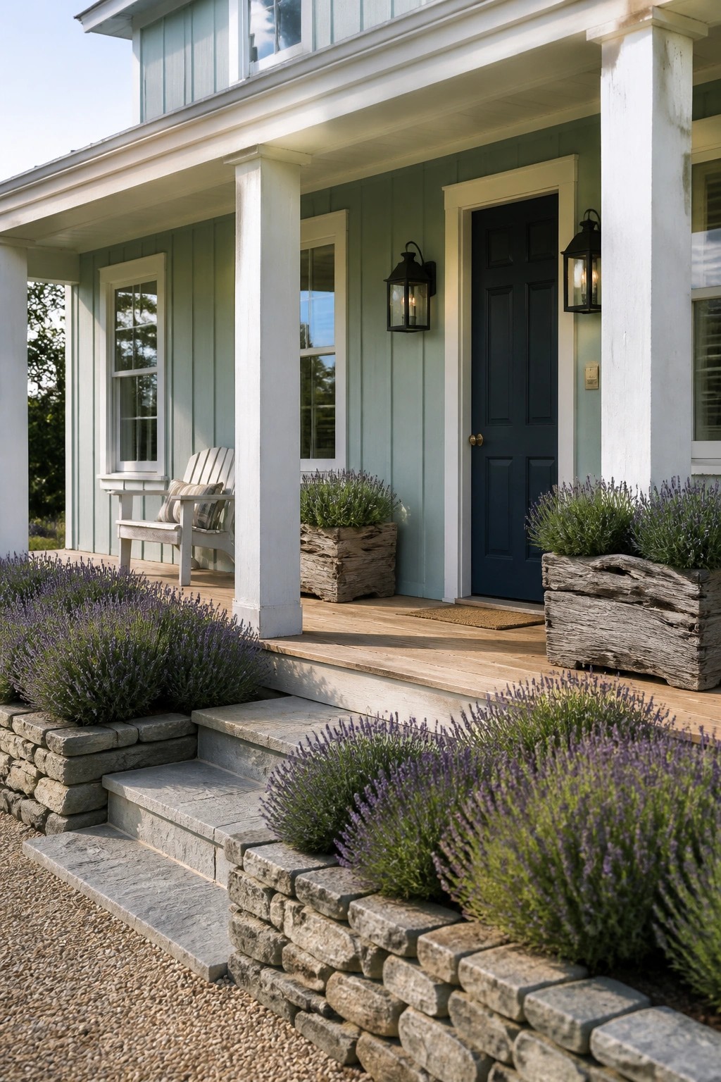 A modern farmhouse exterior with soft sage green siding and white trim.