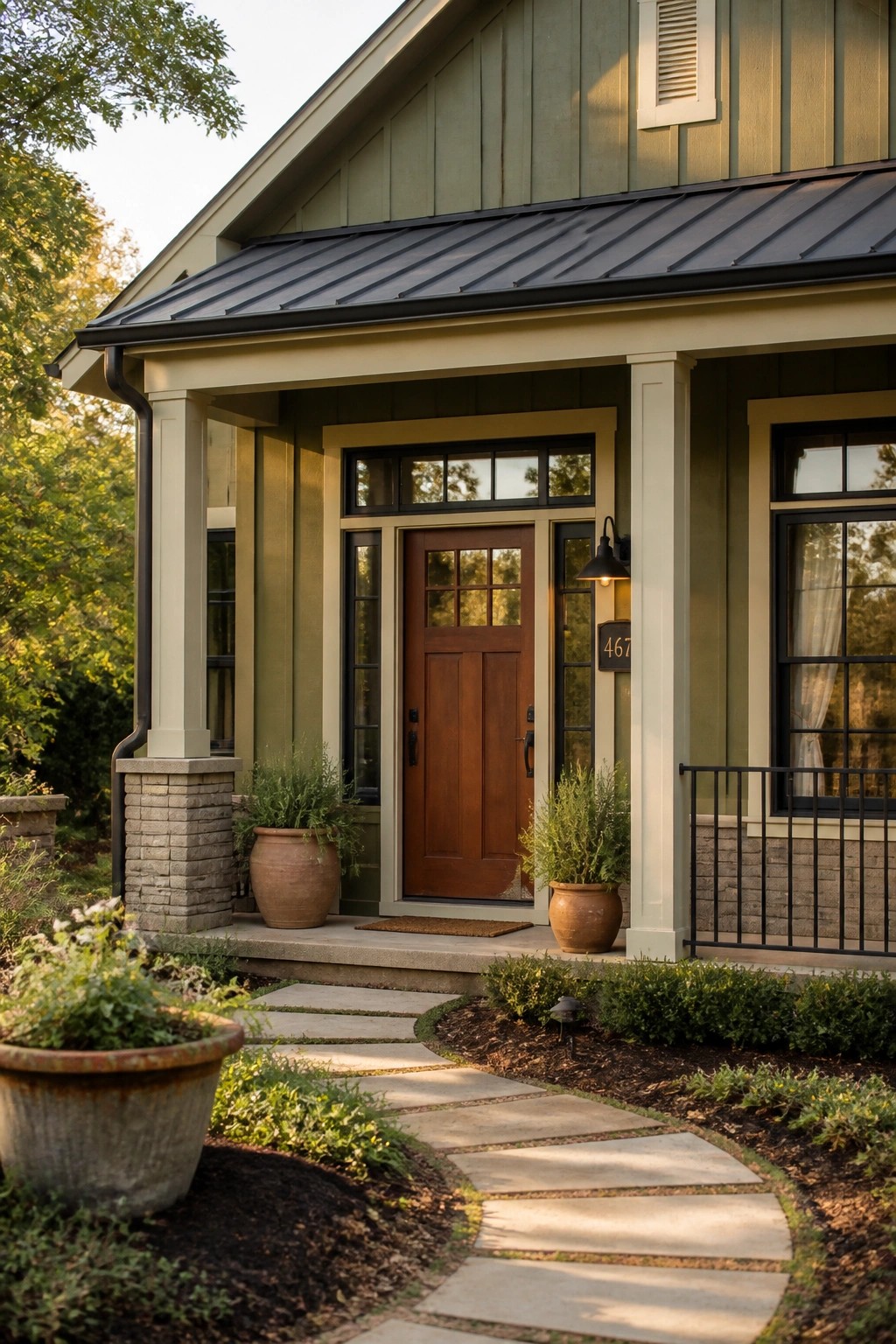 A modern farmhouse exterior with soft sage green siding and a wooden front door.