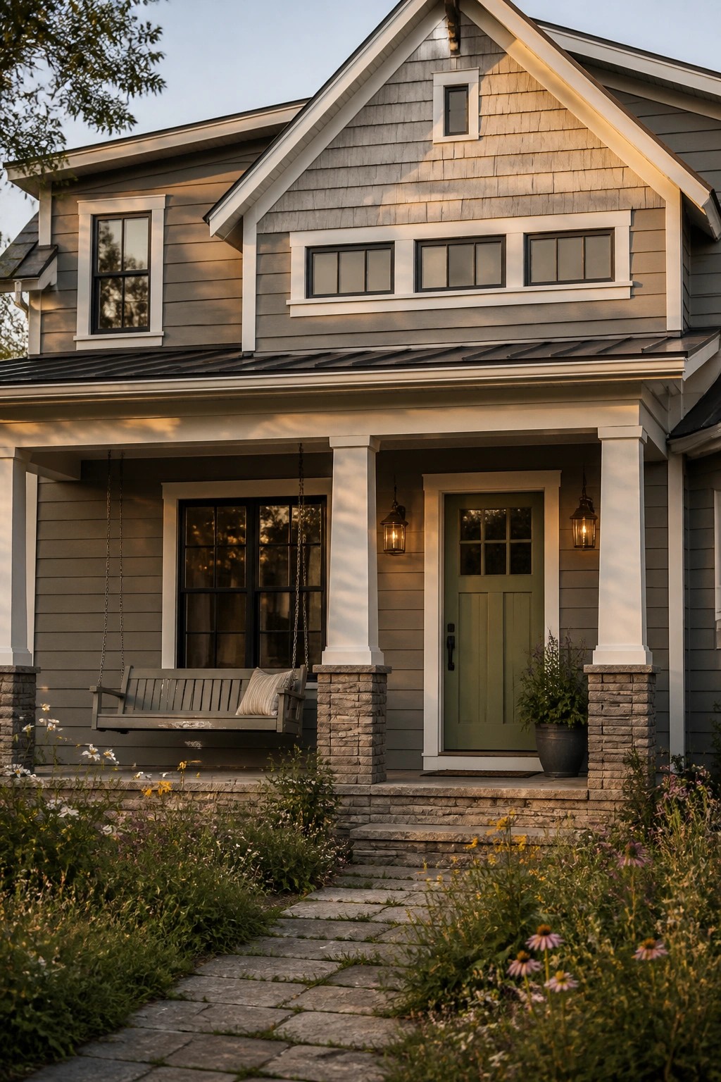 A modern farmhouse exterior with warm gray siding and white trim.