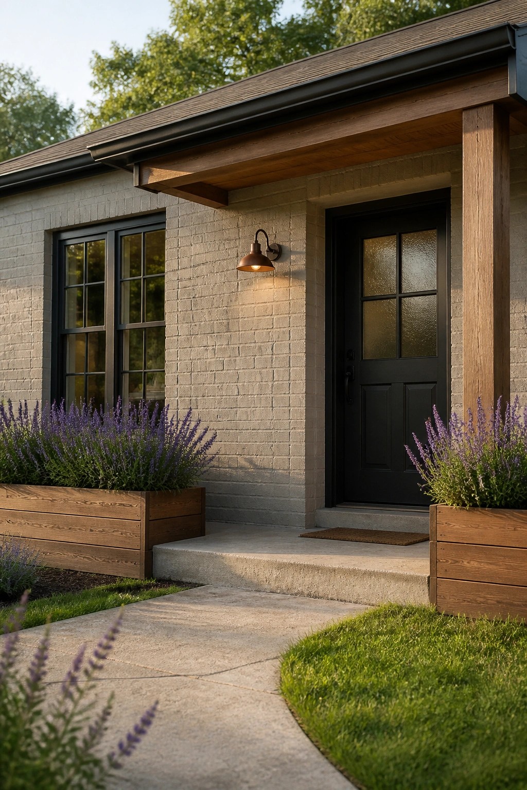 Light greige painted brick on a modern farmhouse exterior with wood trim.