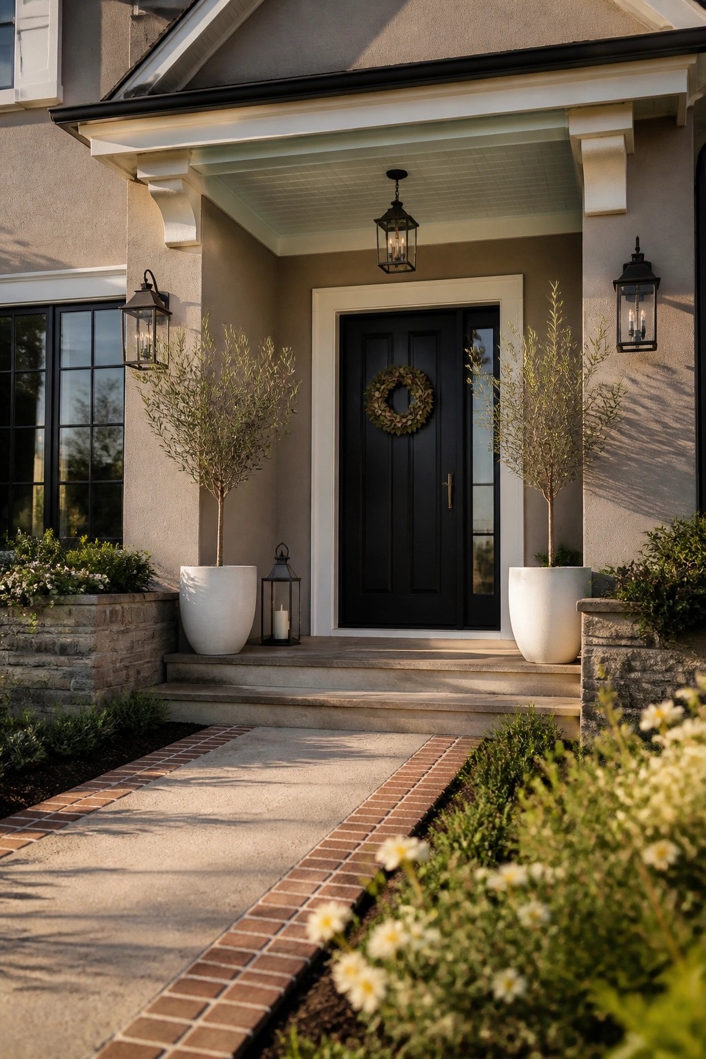 Modern farmhouse exterior with warm greige siding and a black front door.