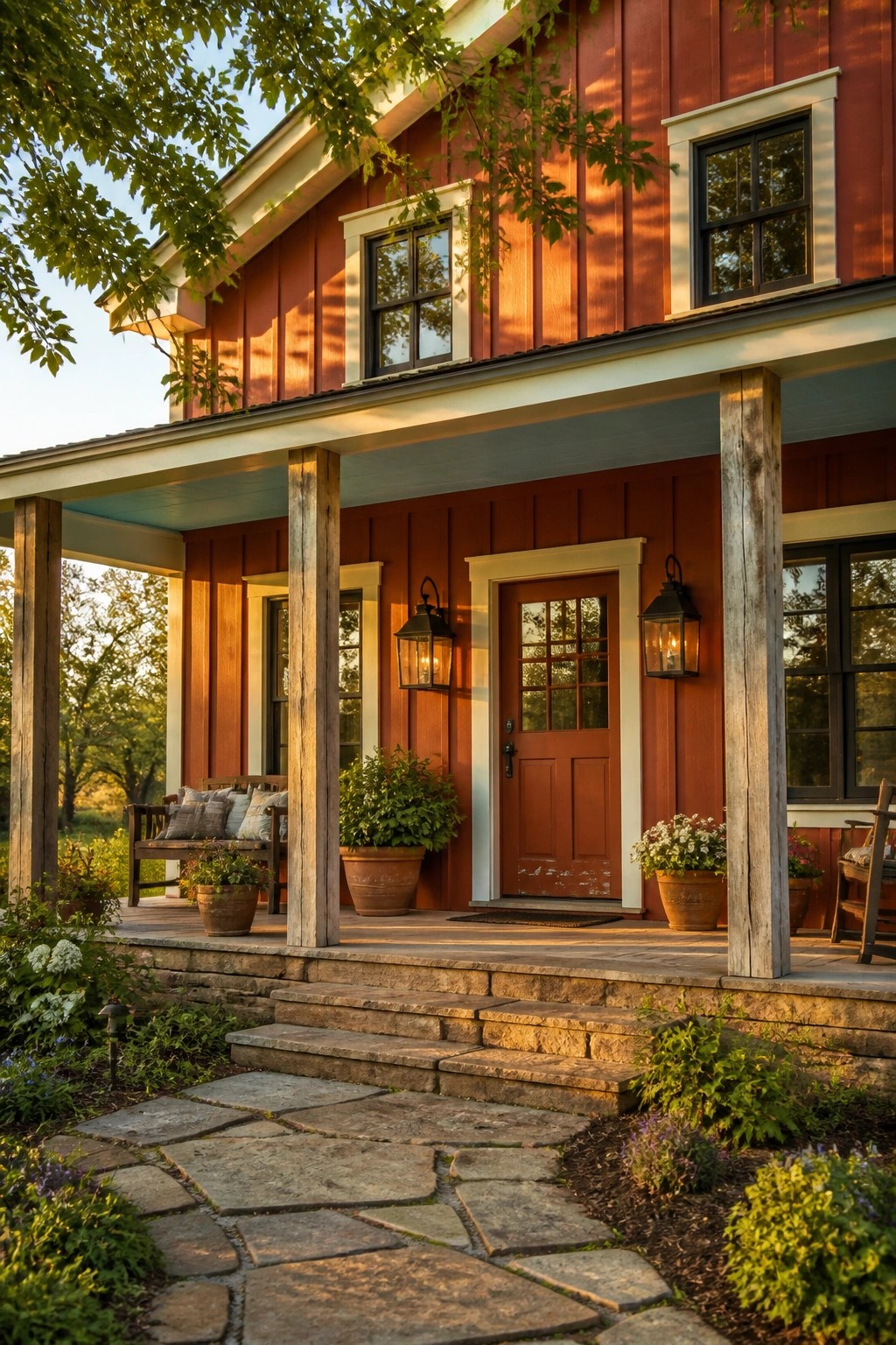 A modern farmhouse exterior painted in warm red siding with a wooden porch.