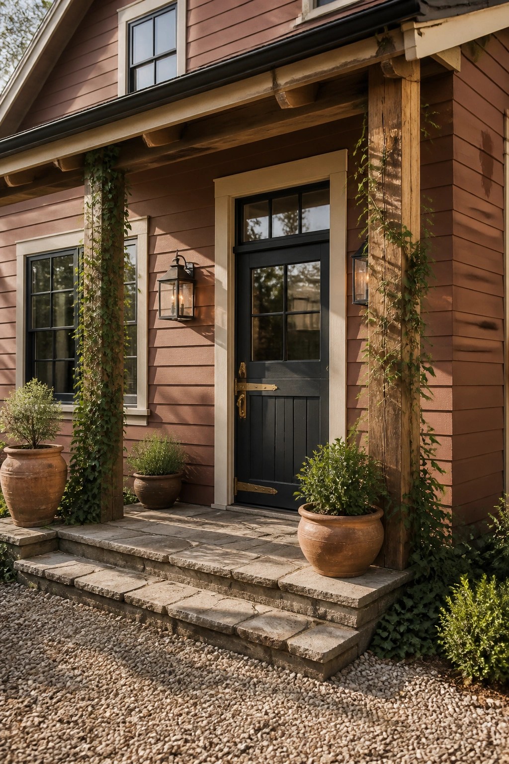 Modern farmhouse exterior with warm terracotta siding and black door.
