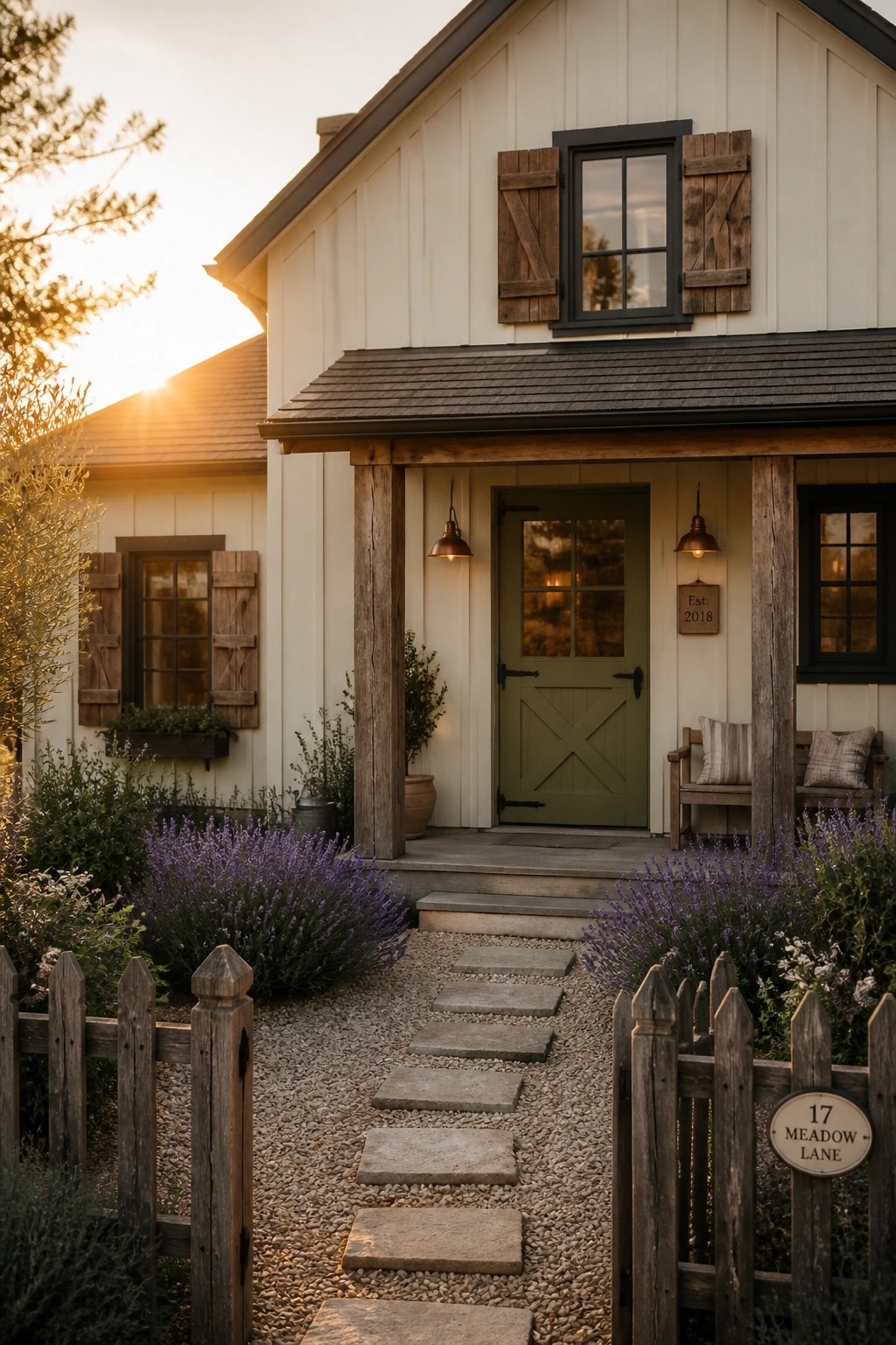A modern farmhouse exterior with warm white siding and a gravel walkway.