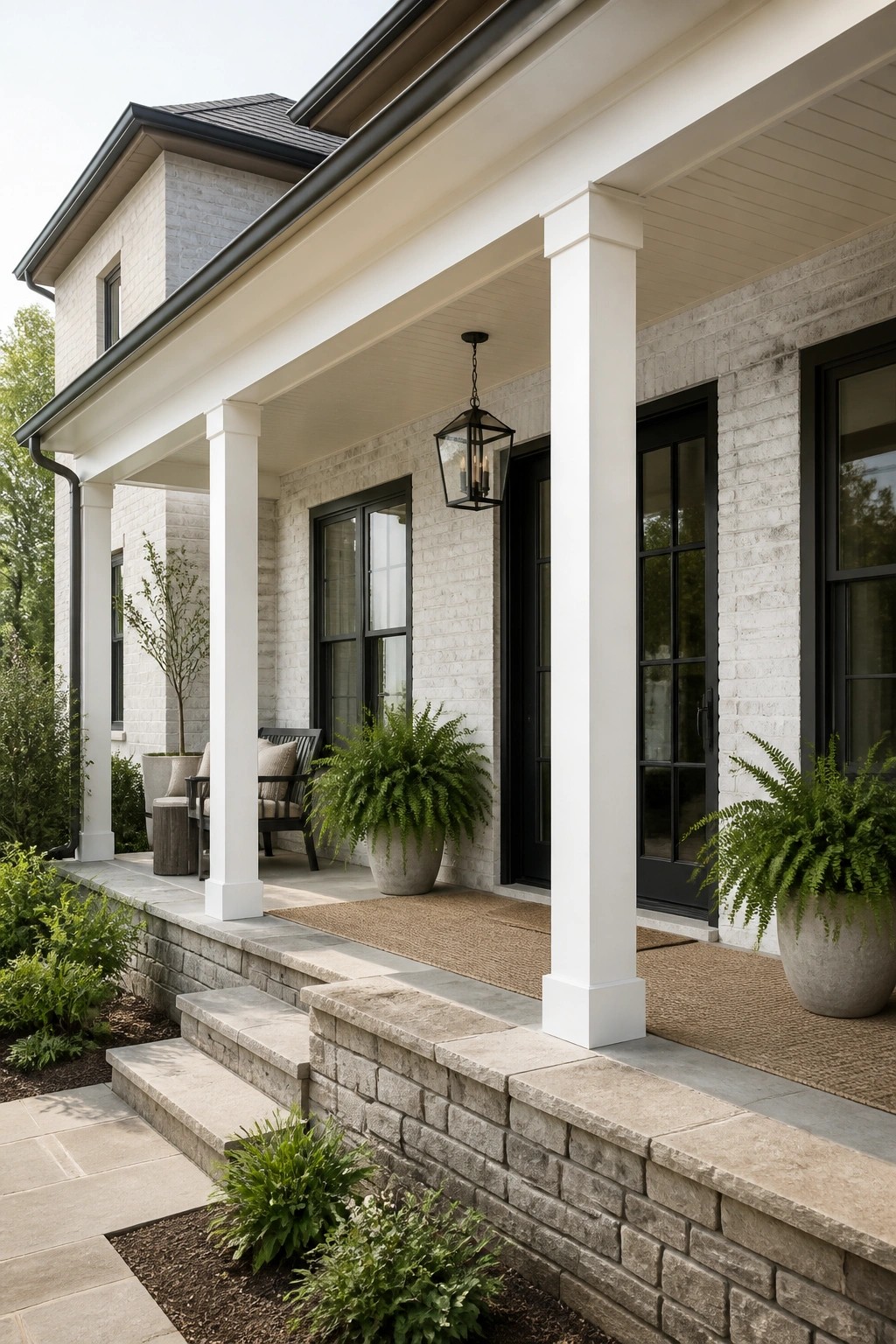 White painted brick and columns on a modern farmhouse porch.