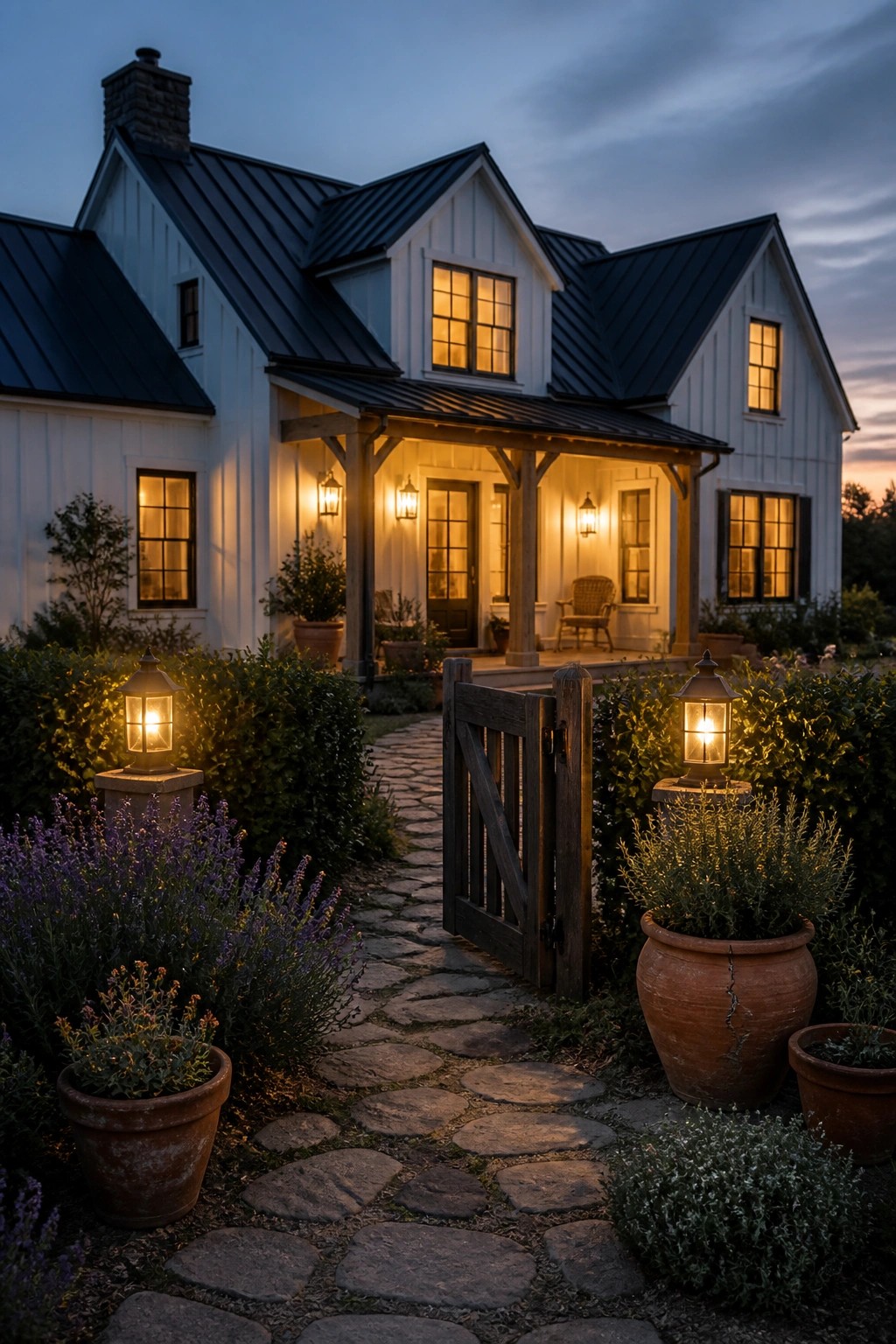 White farmhouse at dusk with glowing windows, stone path, wooden gate, and lanterns.