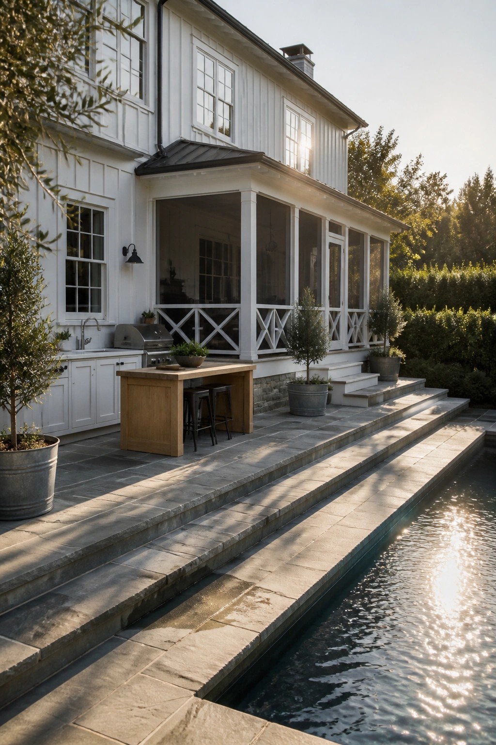 White farmhouse with porch, outdoor kitchen, stone patio, and long pool at sunset