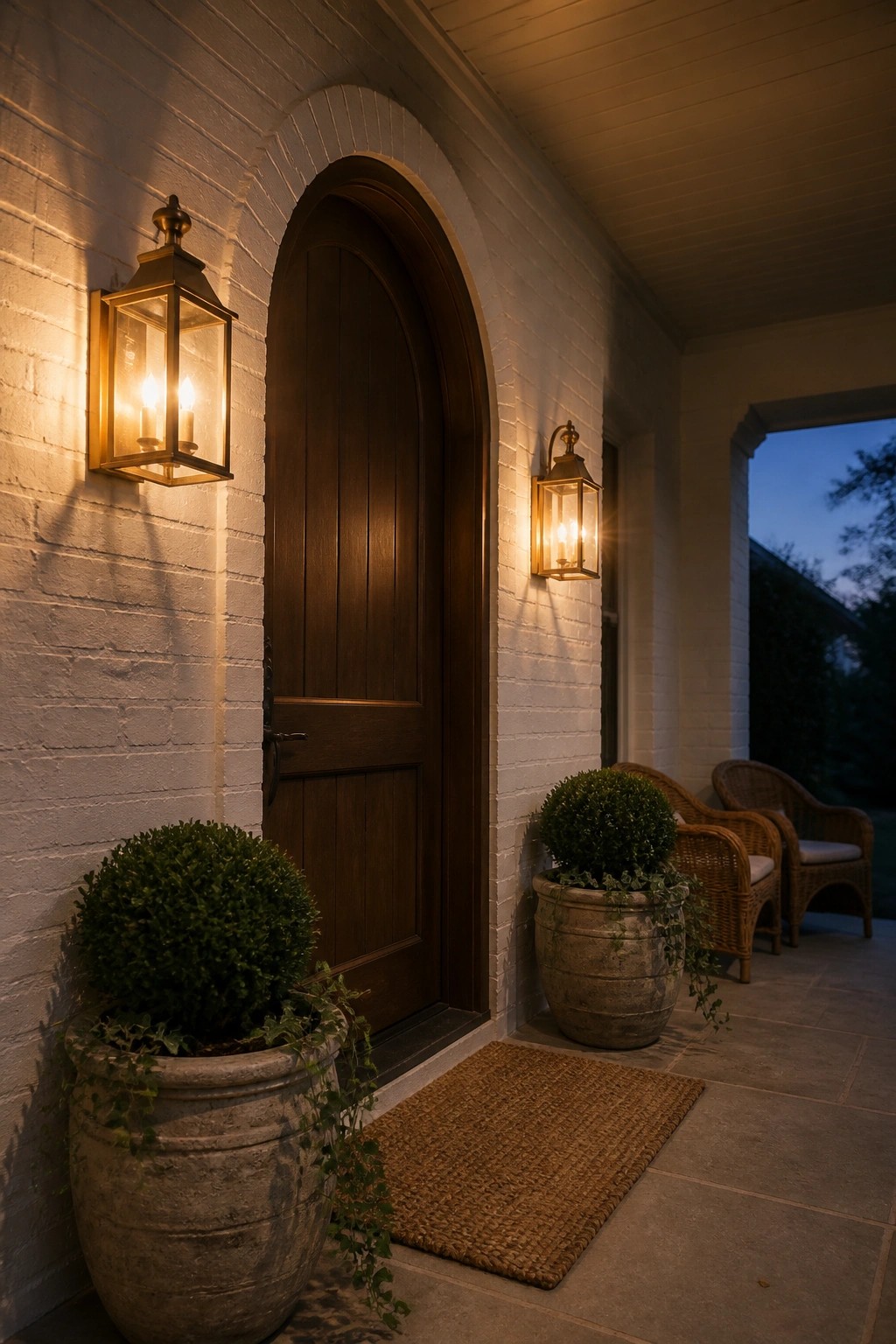 Arched wooden door with glowing lanterns and potted plants on brick porch
