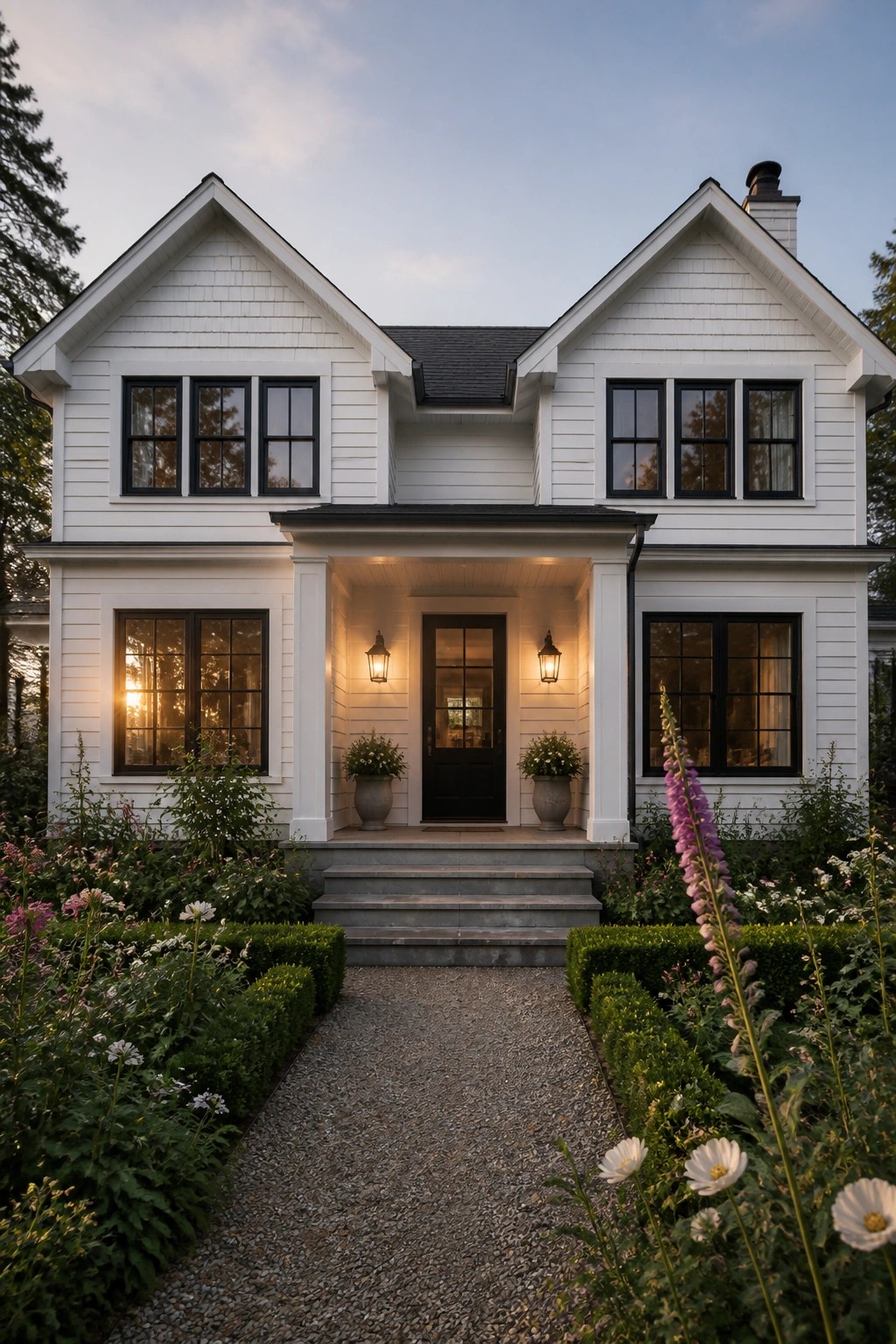 Front view of a white two-story farmhouse with matching gables on either side of a central black door and covered porch, gray gravel path leading through landscaped beds.