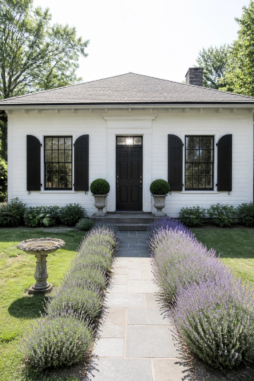 A white single-story farmhouse exterior with black shutters flanking the windows and a central black door, approached by a stone path bordered by lavender.