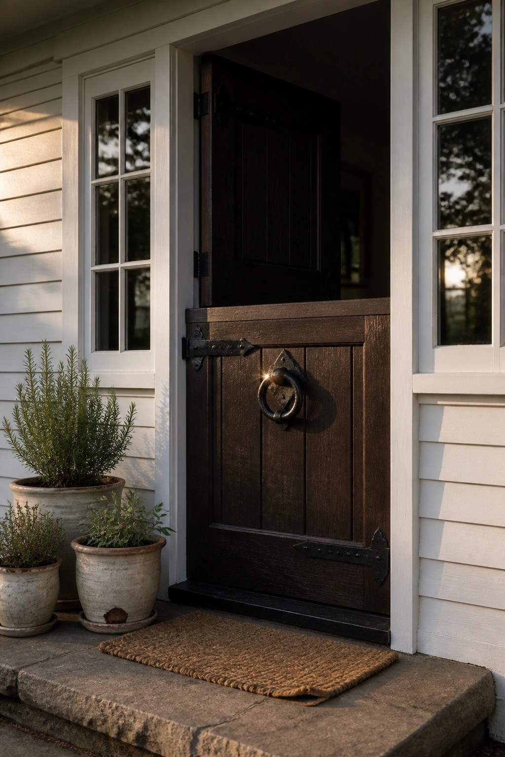 A dark wooden front door with black hardware on a white farmhouse exterior, with two potted plants beside a doormat on the stone step.