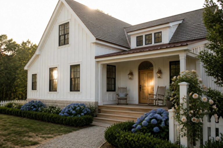 A white farmhouse with vertical siding, a wooden arched door, wooden porch, and two rocking chairs.