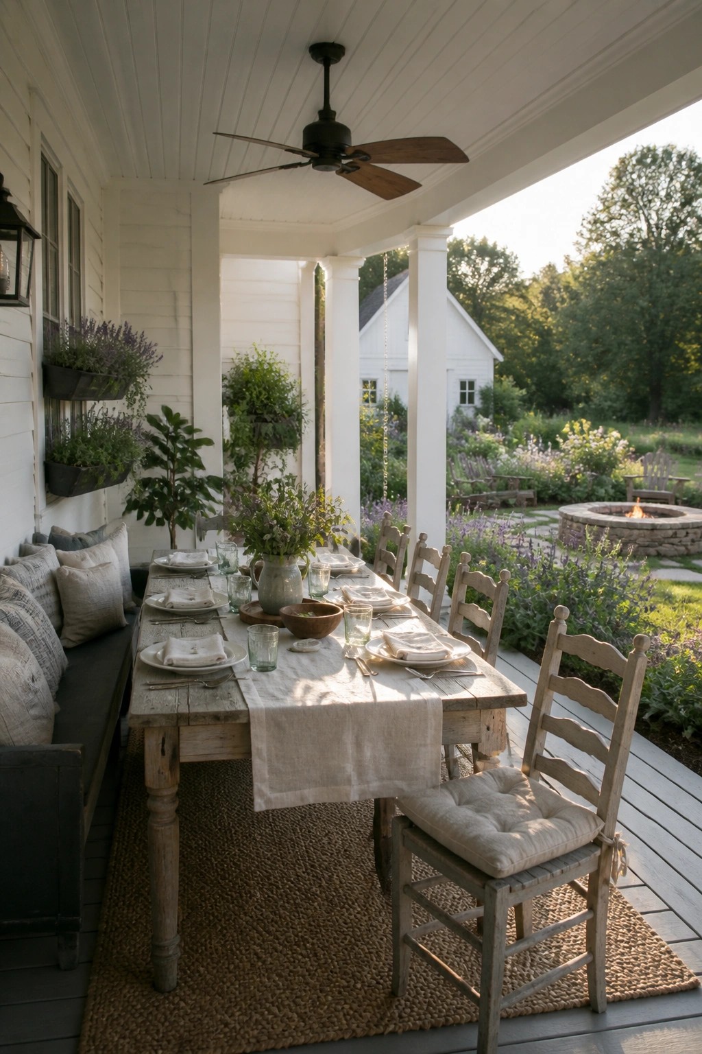 A long wooden dining table set for a meal on a white farmhouse porch with chairs, a bench, and a garden view beyond.