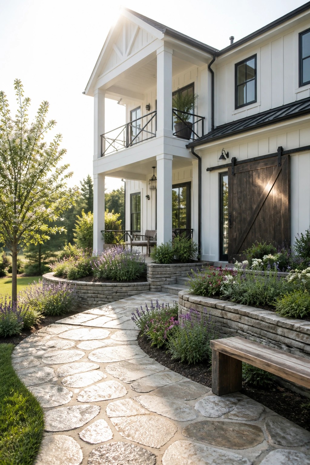 White farmhouse with stone path, flower gardens, porch, and wooden bench.