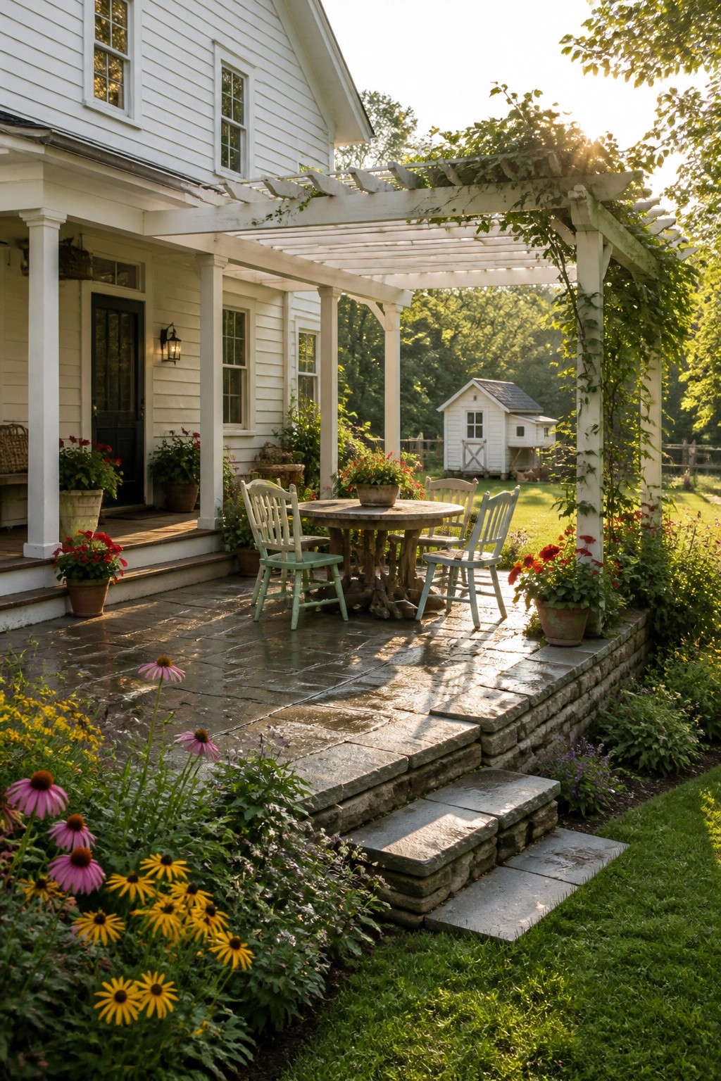 A white farmhouse with a stone patio under a white wooden pergola holding a round table and chairs, edged by flower beds and steps leading to a lawn.