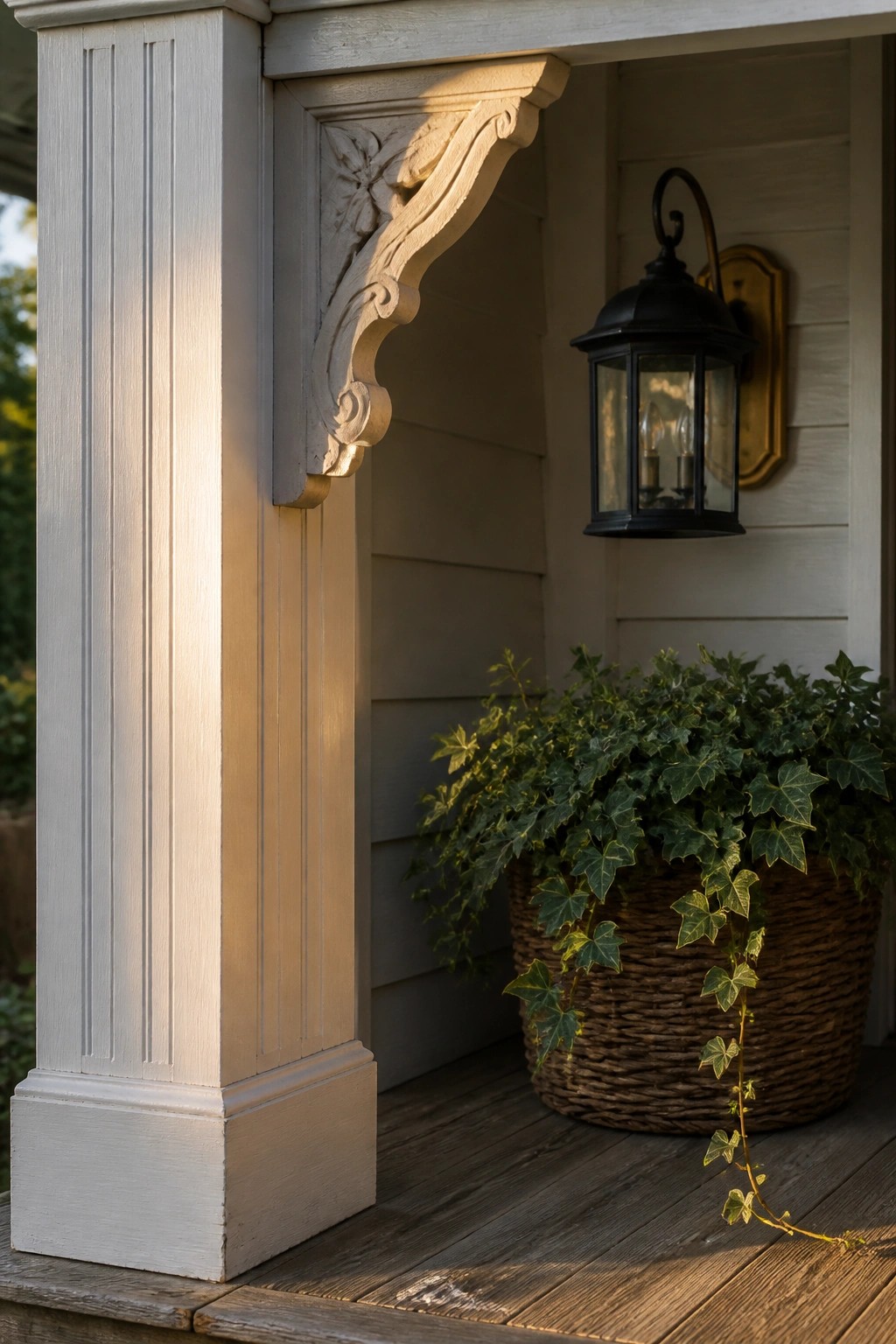 A white painted porch column with a large carved bracket next to a black wall lantern and a woven basket of ivy on a wooden deck.