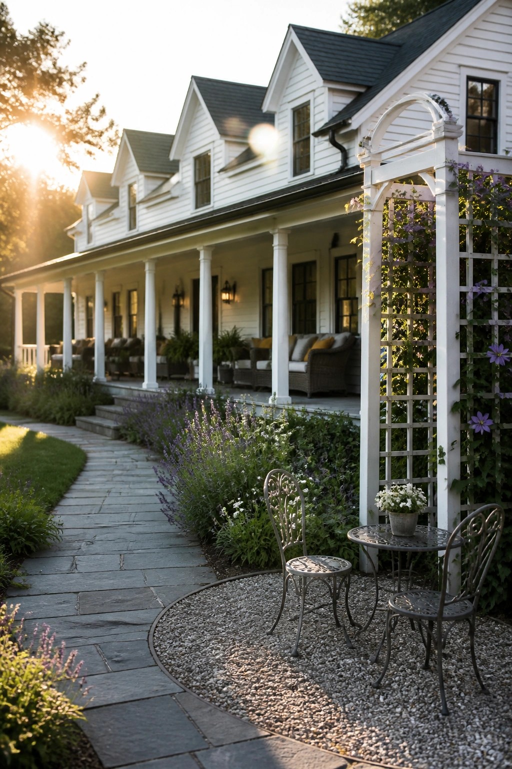 A white farmhouse exterior with a long covered porch, multiple gables, a stone pathway, and garden beds with purple flowers beside a gravel seating area.