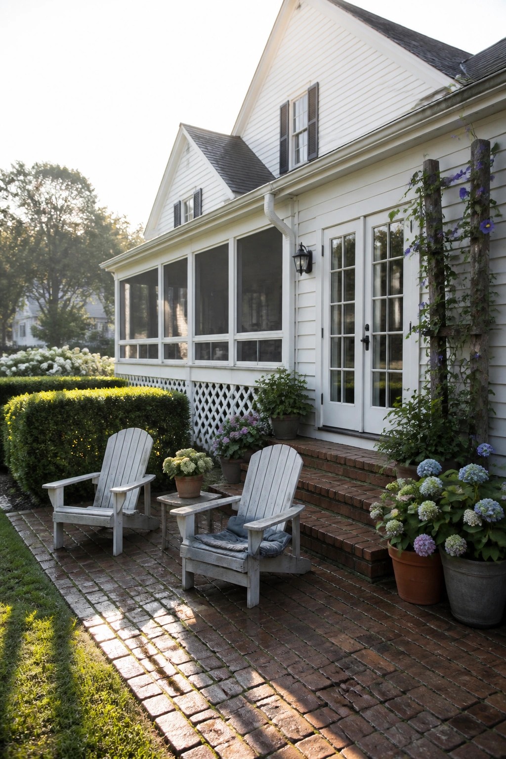 Two white Adirondack chairs with potted flowers on brick patio by house
