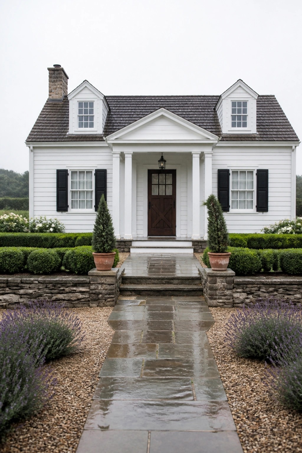 A white farmhouse with black shutters, a central columned entry, dark shingle roof, and a stone path leading to the front door.