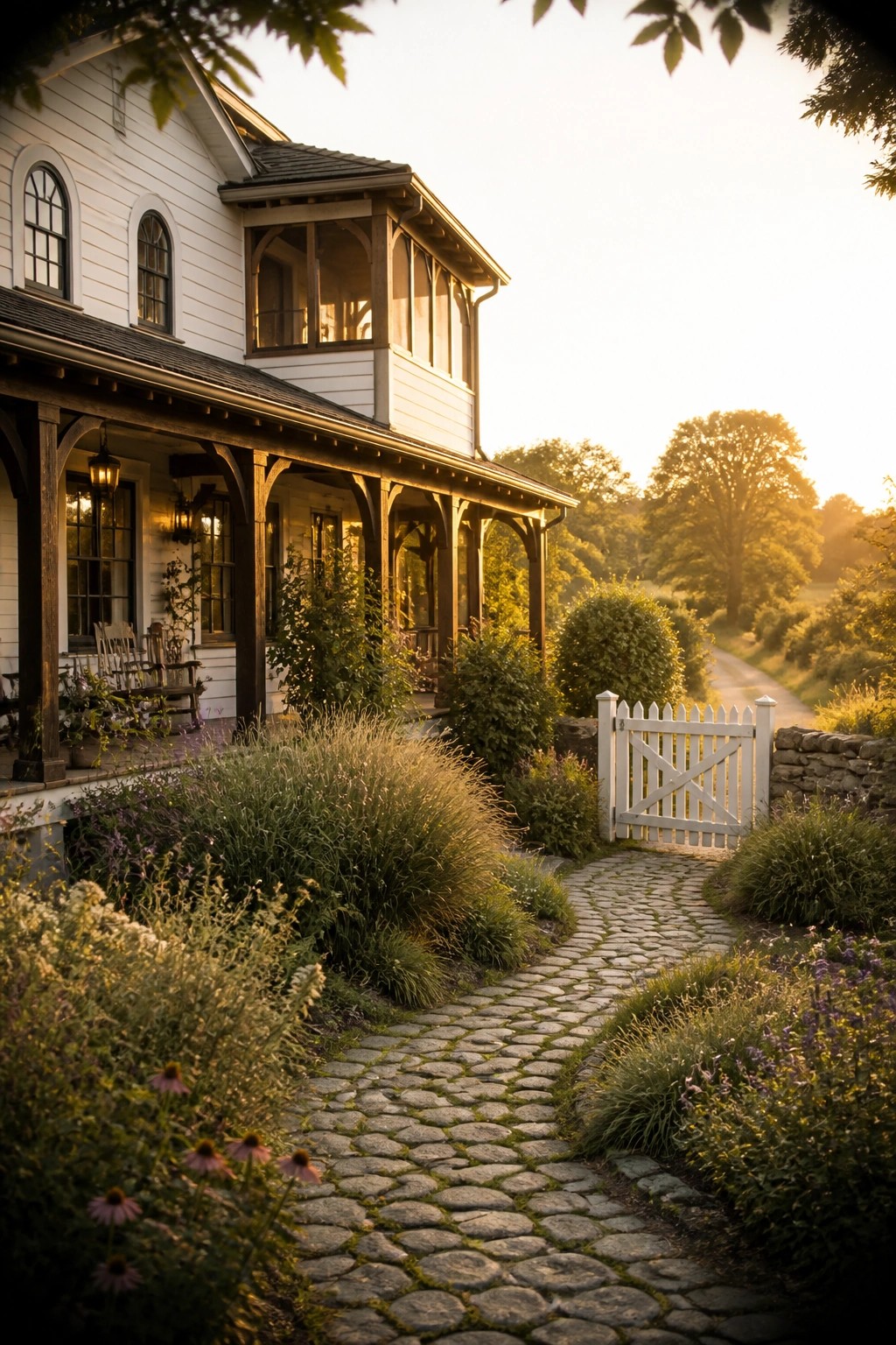 A white two-story farmhouse exterior with dark wood trim, a covered porch, and a cobblestone walkway leading through a white picket gate.